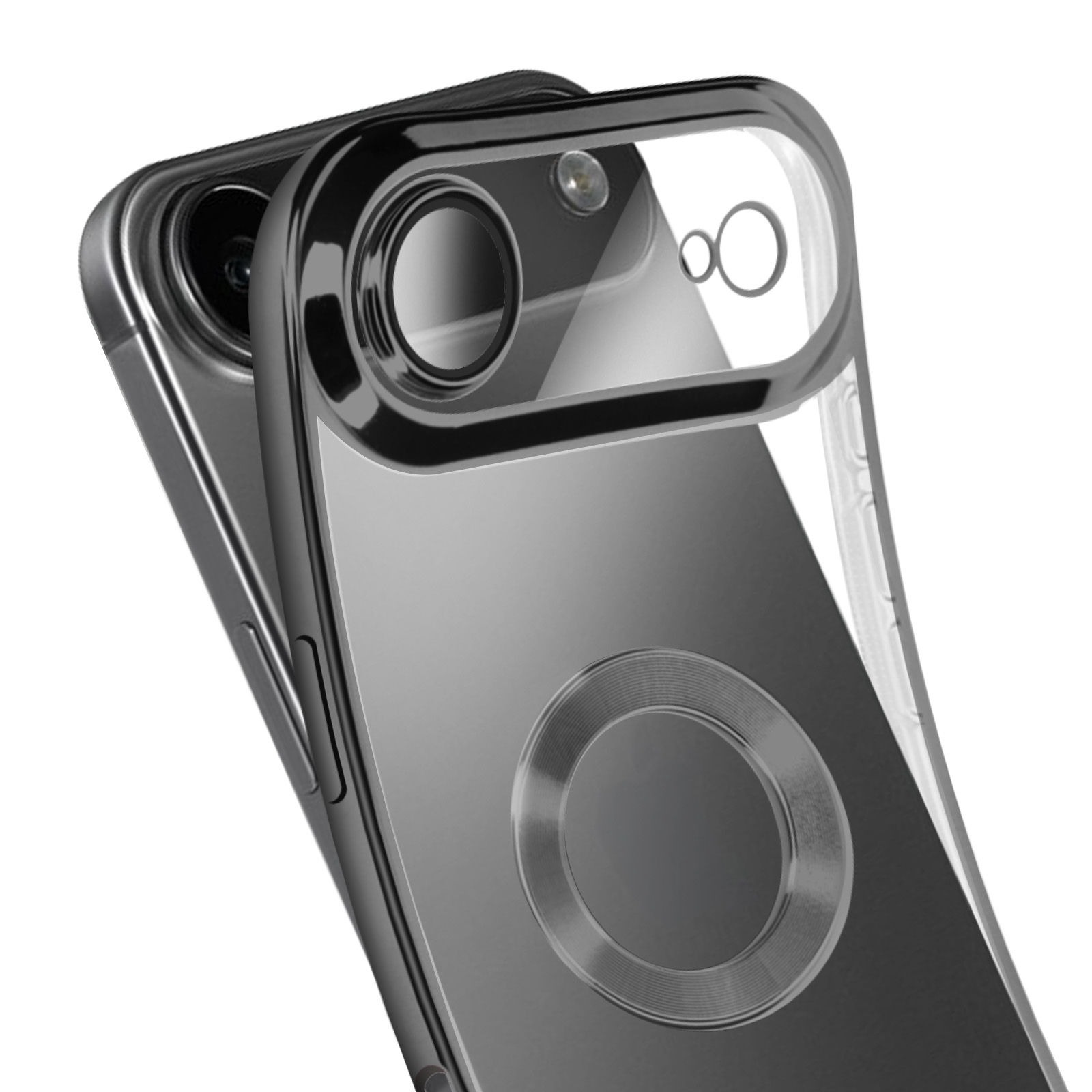 Primo piano di un telefono in una custodia trasparente. La custodia ha un anello per la fotocamera e un design circolare.