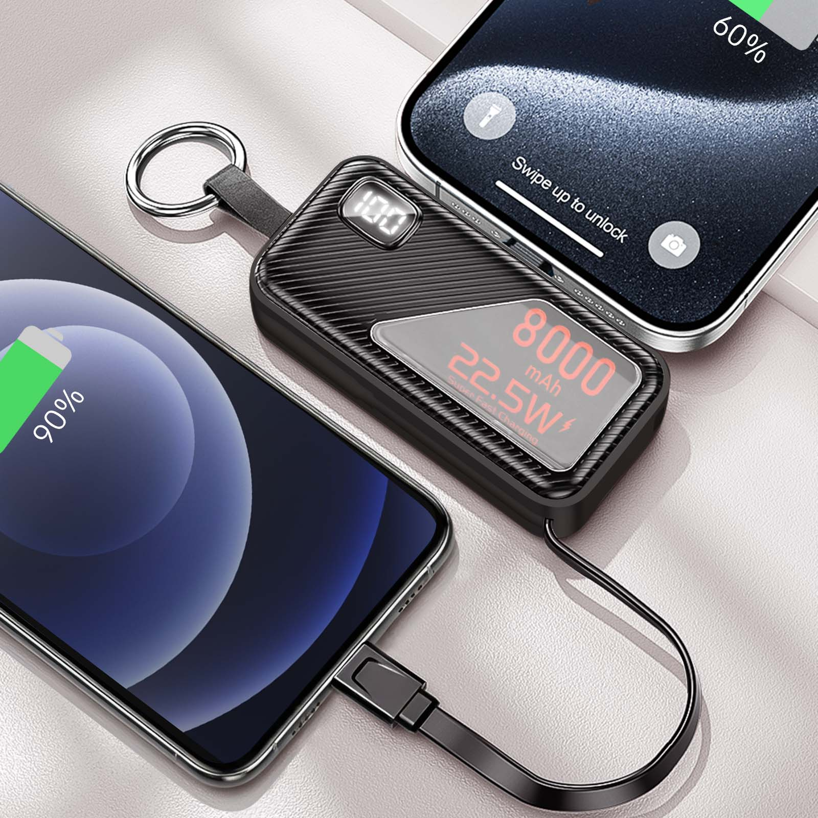 Téléphones en charge avec une batterie externe. Un téléphone affiche 90%, l'autre 60%. La batterie affiche 100% et 8000mAh.
