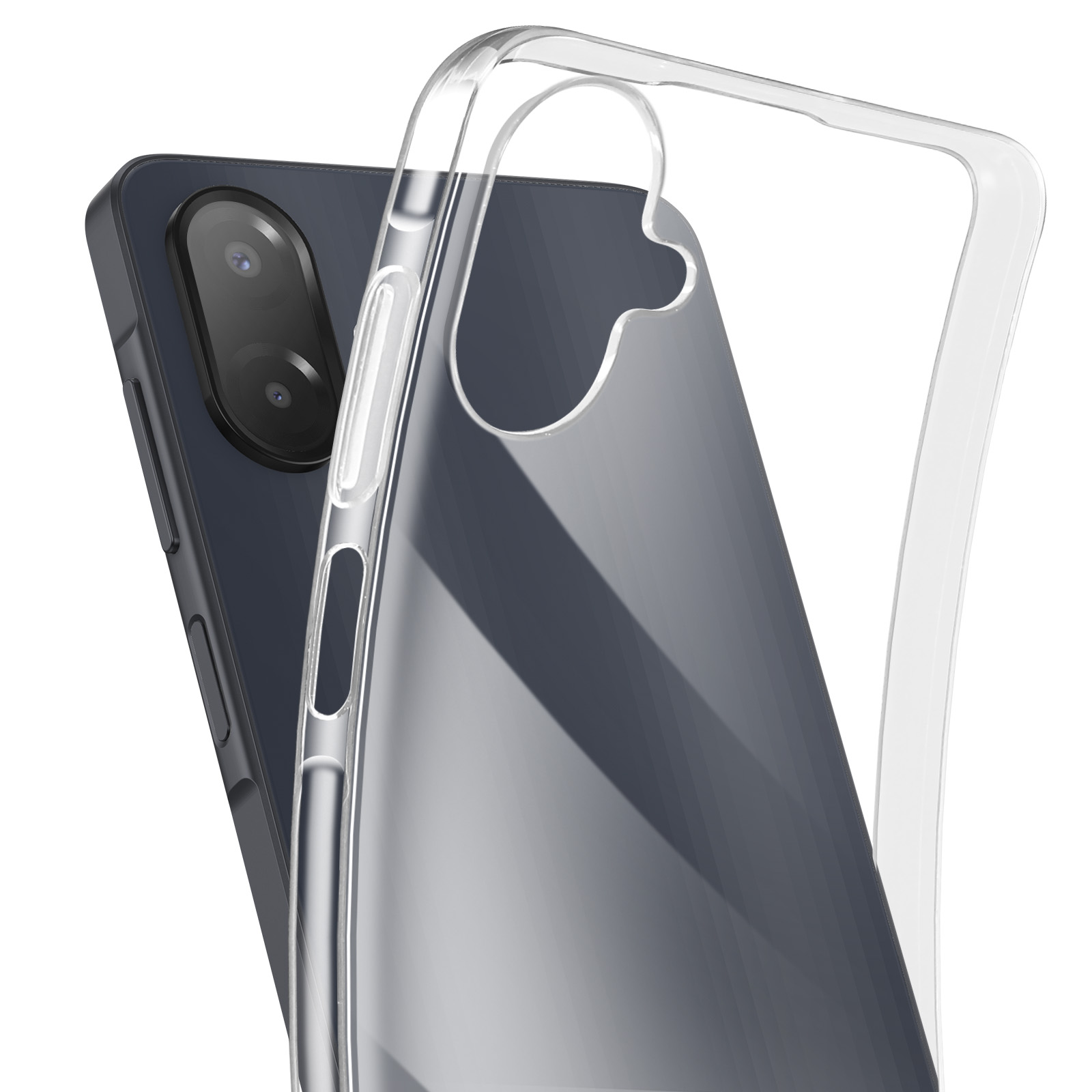 Una custodia trasparente per telefono è su un telefono grigio scuro. La custodia è trasparente e il telefono ha due fotocamere.