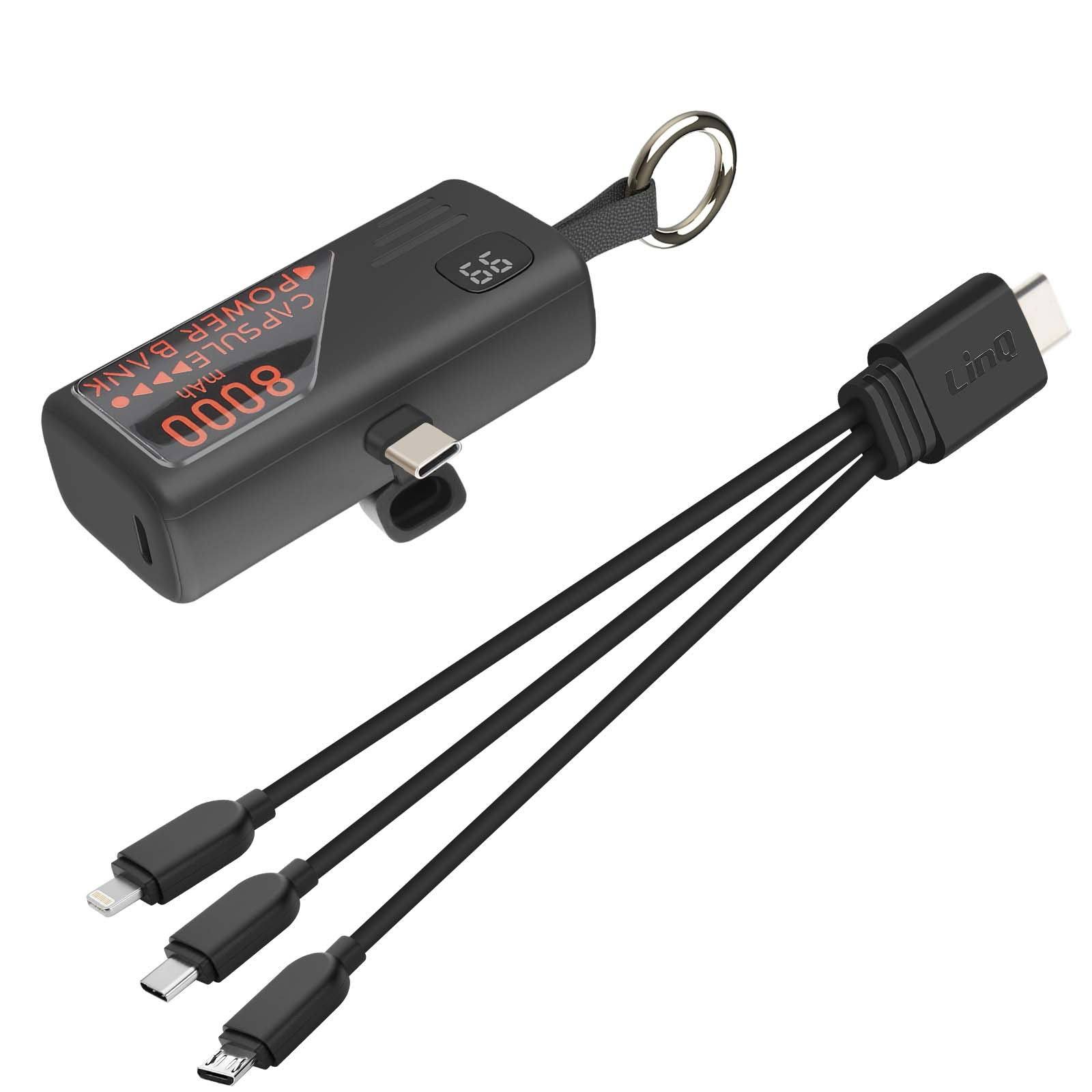 Power bank nera con testo arancione e cavo USB-C. I cavi hanno connettori Lightning, USB-C e Micro-USB.