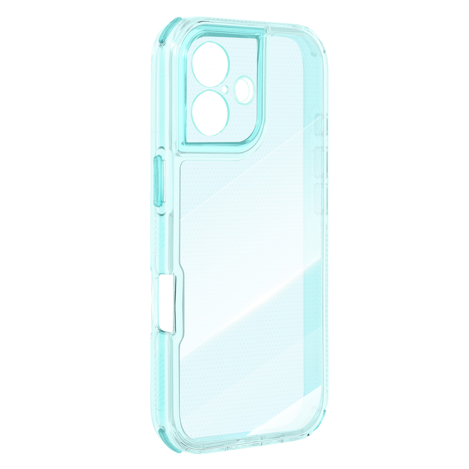 Custodia per telefono trasparente, azzurra. Ha ritagli per fotocamera e pulsanti. È trasparente e risalta sul bianco.