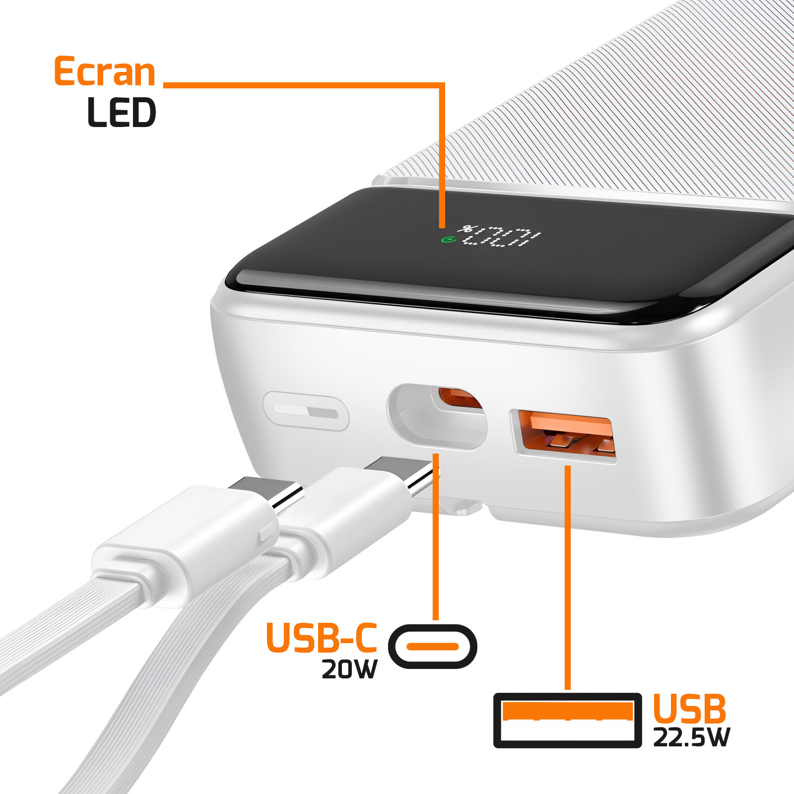 Batterie externe blanche avec deux câbles USB-C branchés. L'écran LED affiche un pourcentage. Ports USB et USB-C visibles.