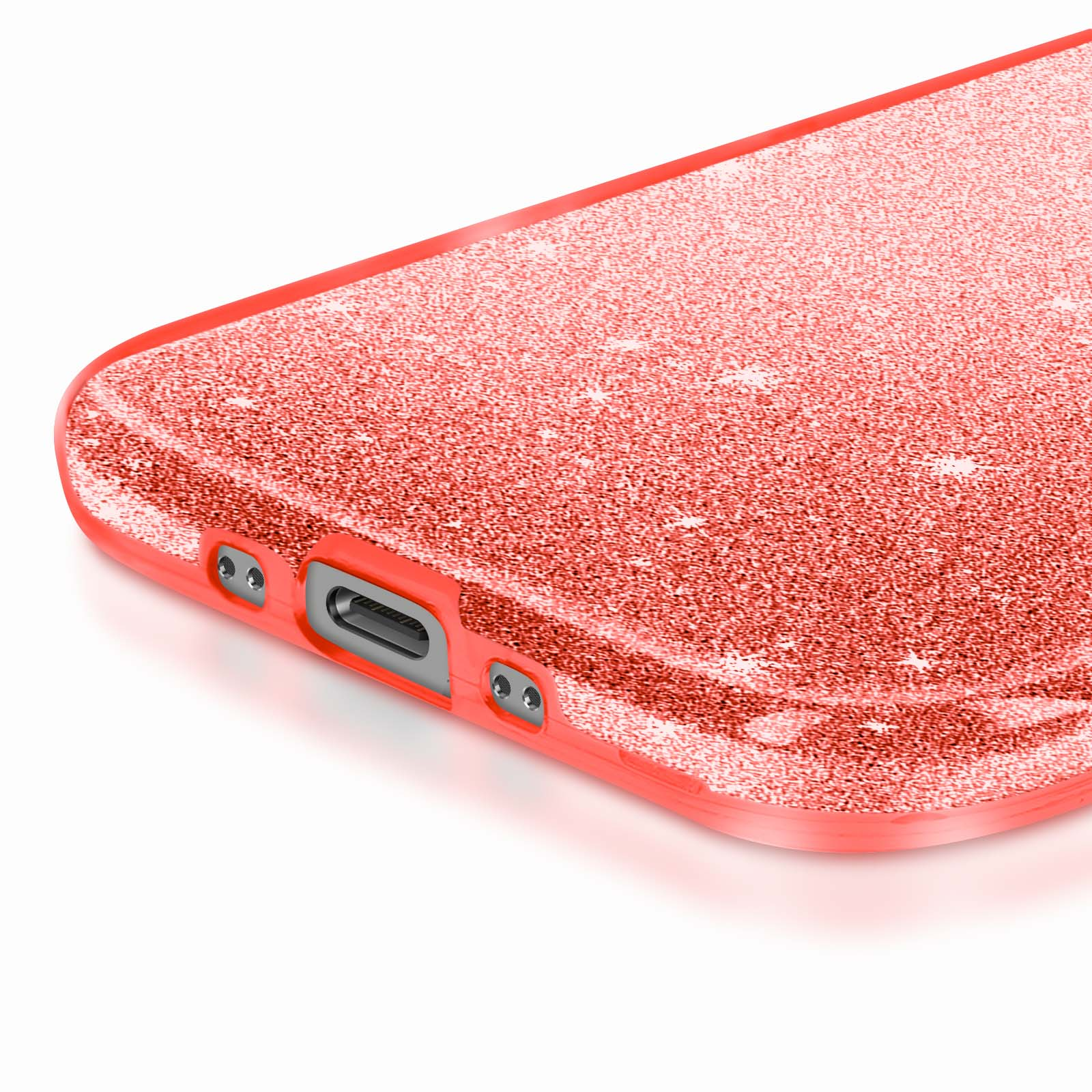 Gros plan sur une coque de téléphone à paillettes corail. La coque a une surface brillante avec des ouvertures pour charger et des boutons.
