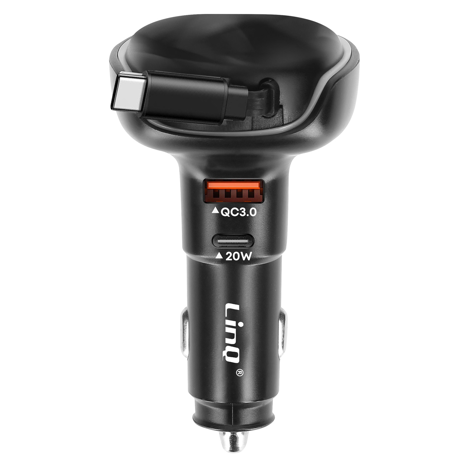 Caricabatterie per auto nero con cavo e porta USB-C, ha anche una porta QC3.0 e il marchio Linq.