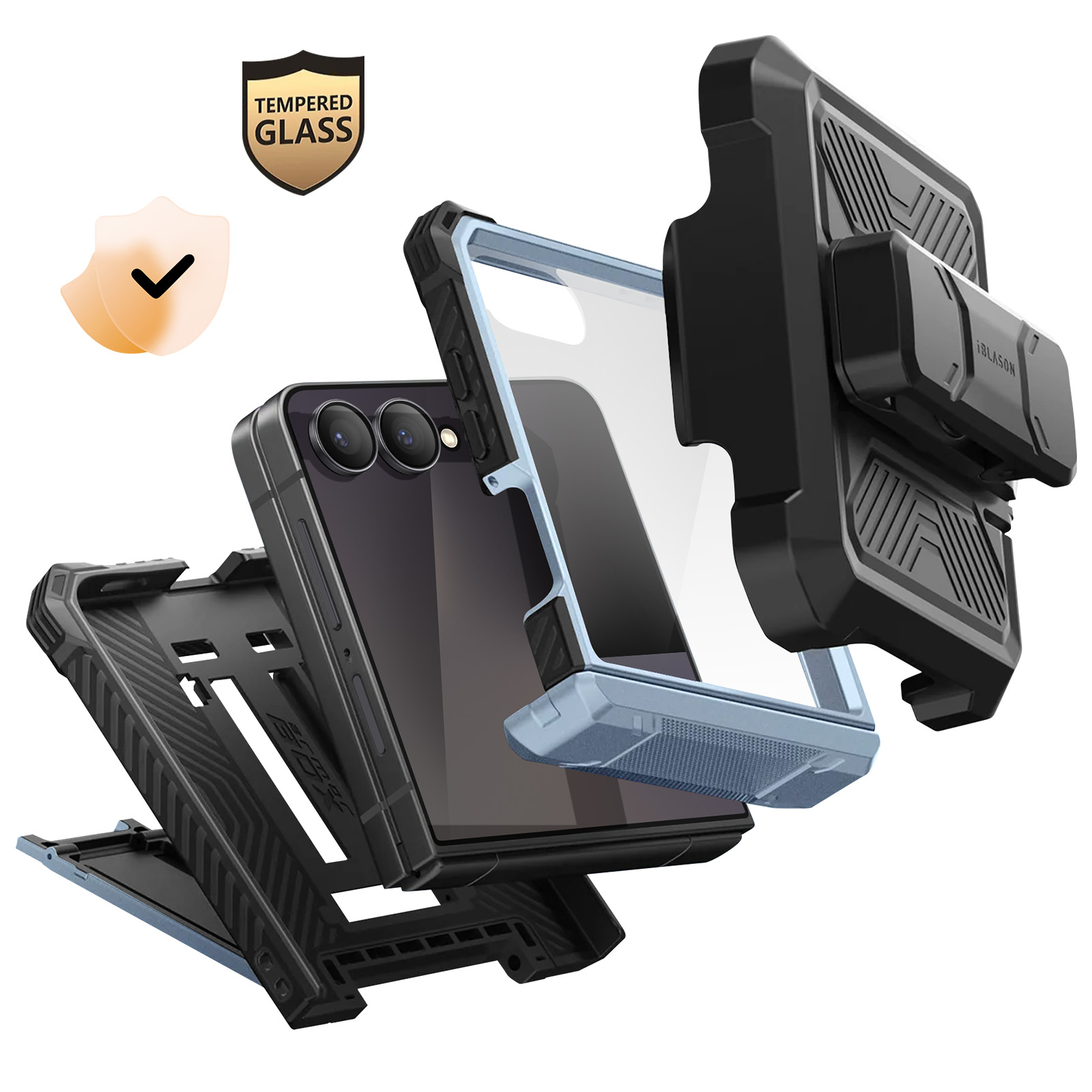 Exploded view van een telefoonhoesje, met de telefoon met lagen en beschermende functies met iconen.