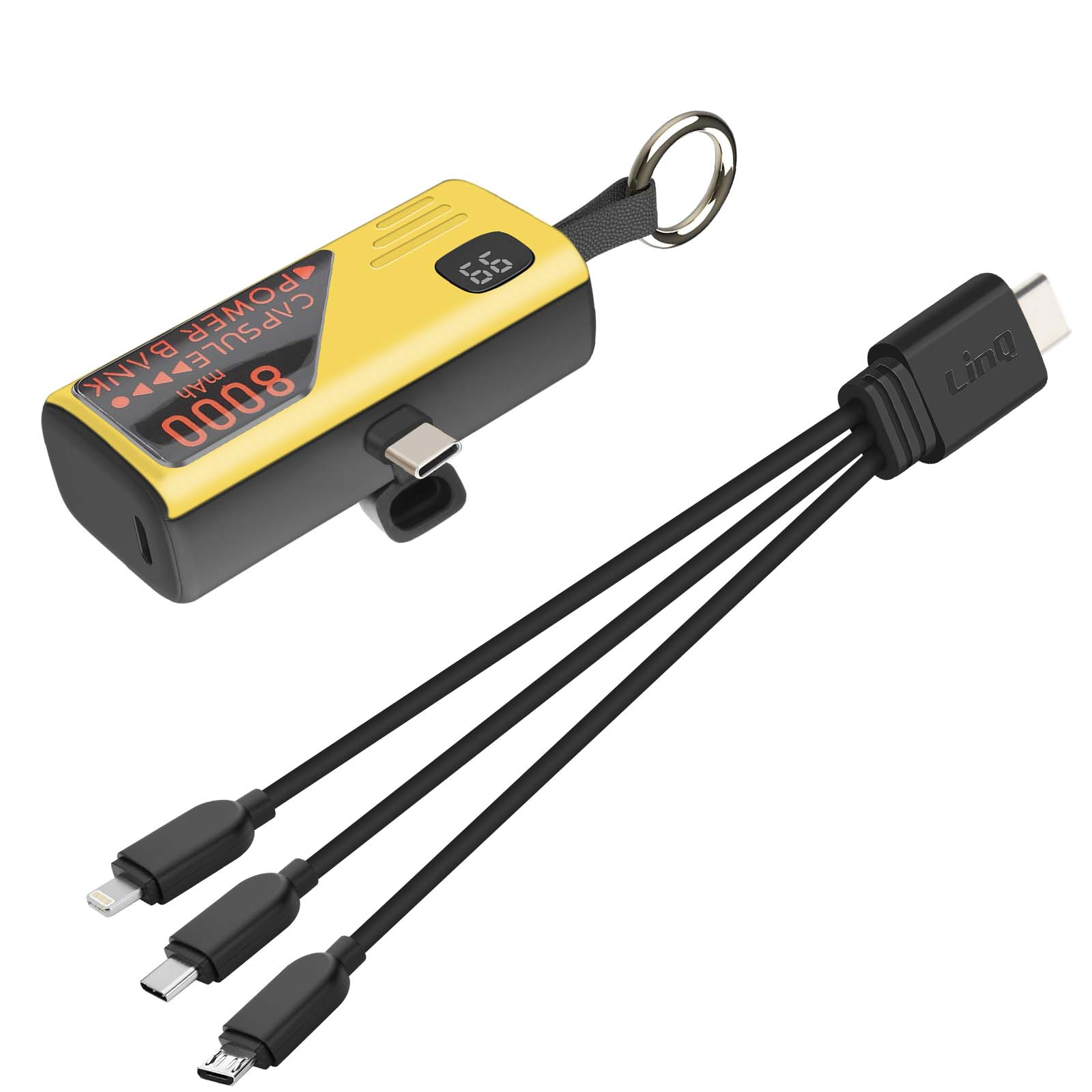 Power bank giallo e nero con un cavo di ricarica nero con tre diversi connettori.
