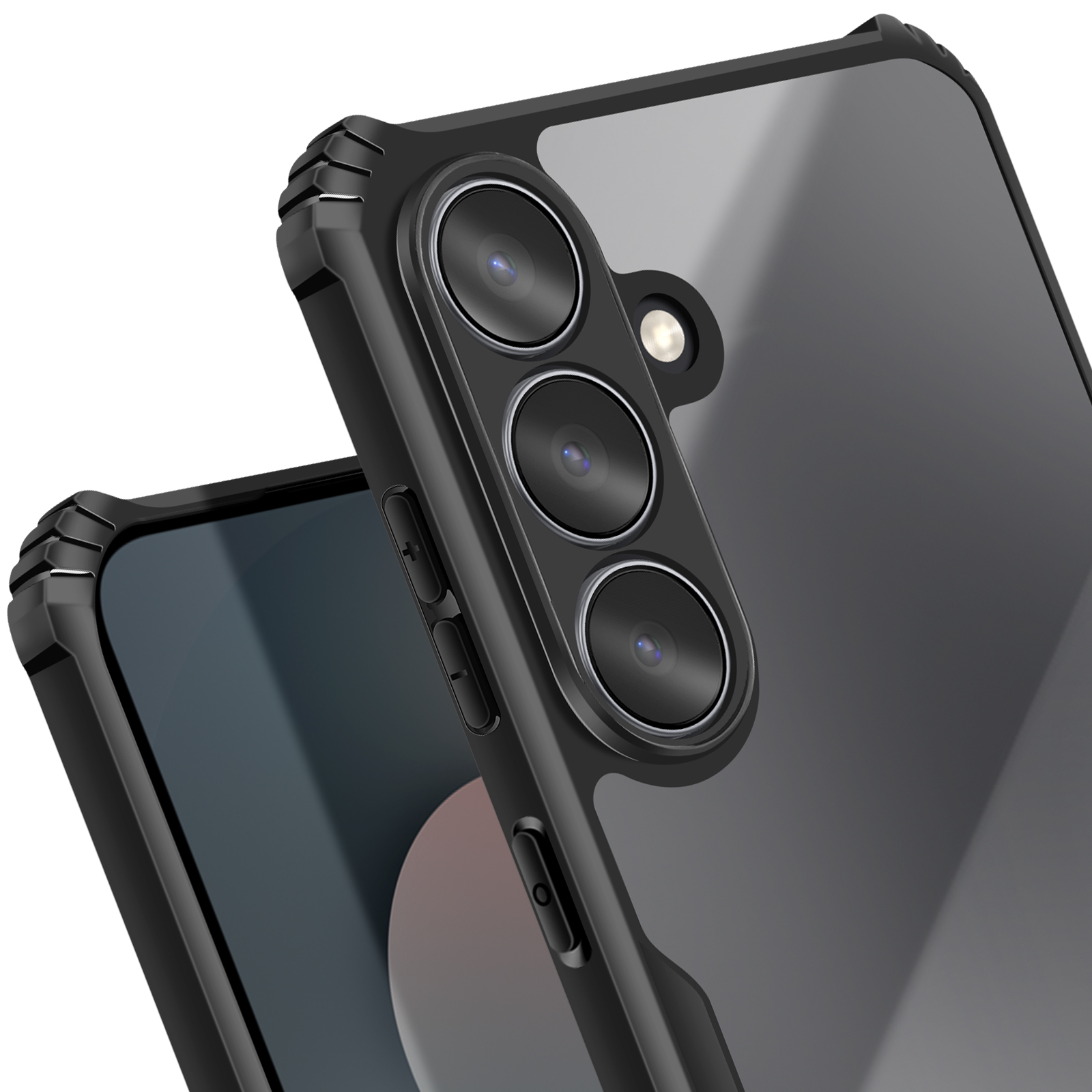 Primo piano di una custodia per telefono nera con lenti della fotocamera e pulsanti visibili. Lo sfondo è sfocato e chiaro.