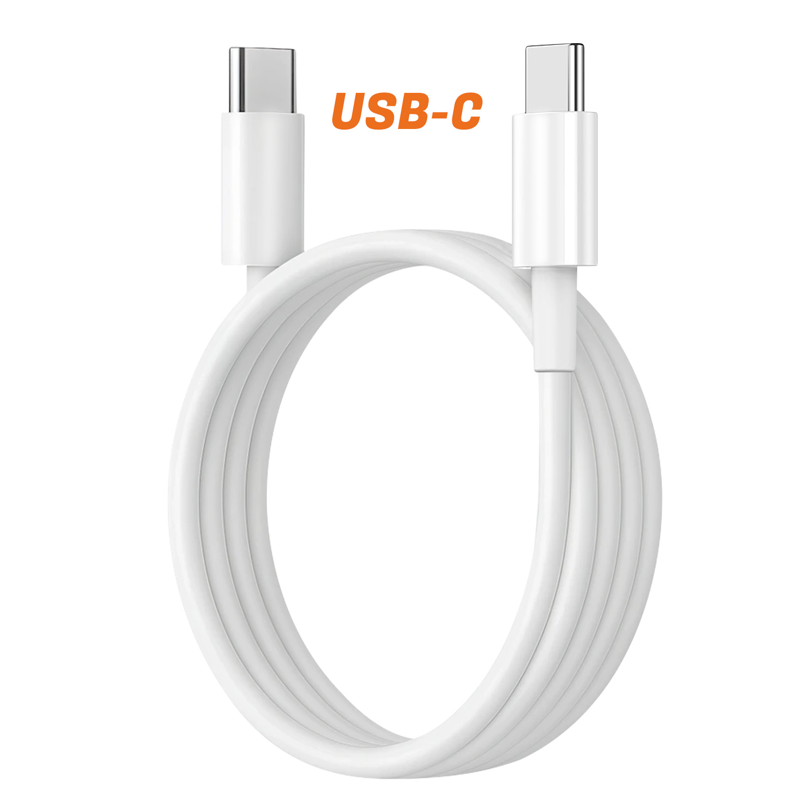 Un cavo USB-C bianco su sfondo bianco. Il cavo è ad anello e ha due connettori. Il testo "USB-C" è arancione.