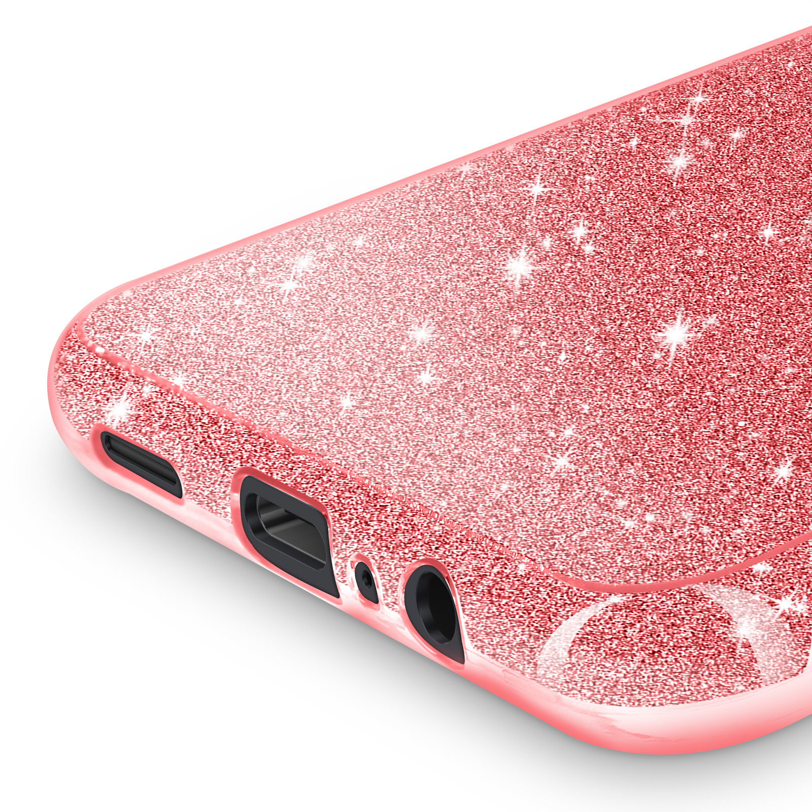 Close-up van een roze glitter telefoonhoesje met uitsparingen voor poorten en een glanzende afwerking, tegen een witte achtergrond.