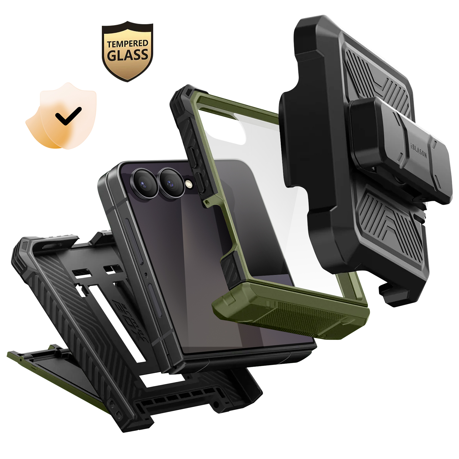 Exploded view van een telefoonhoesje met gehard glas, zwarte en groene onderdelen. Inclusief standaard en riemclip.