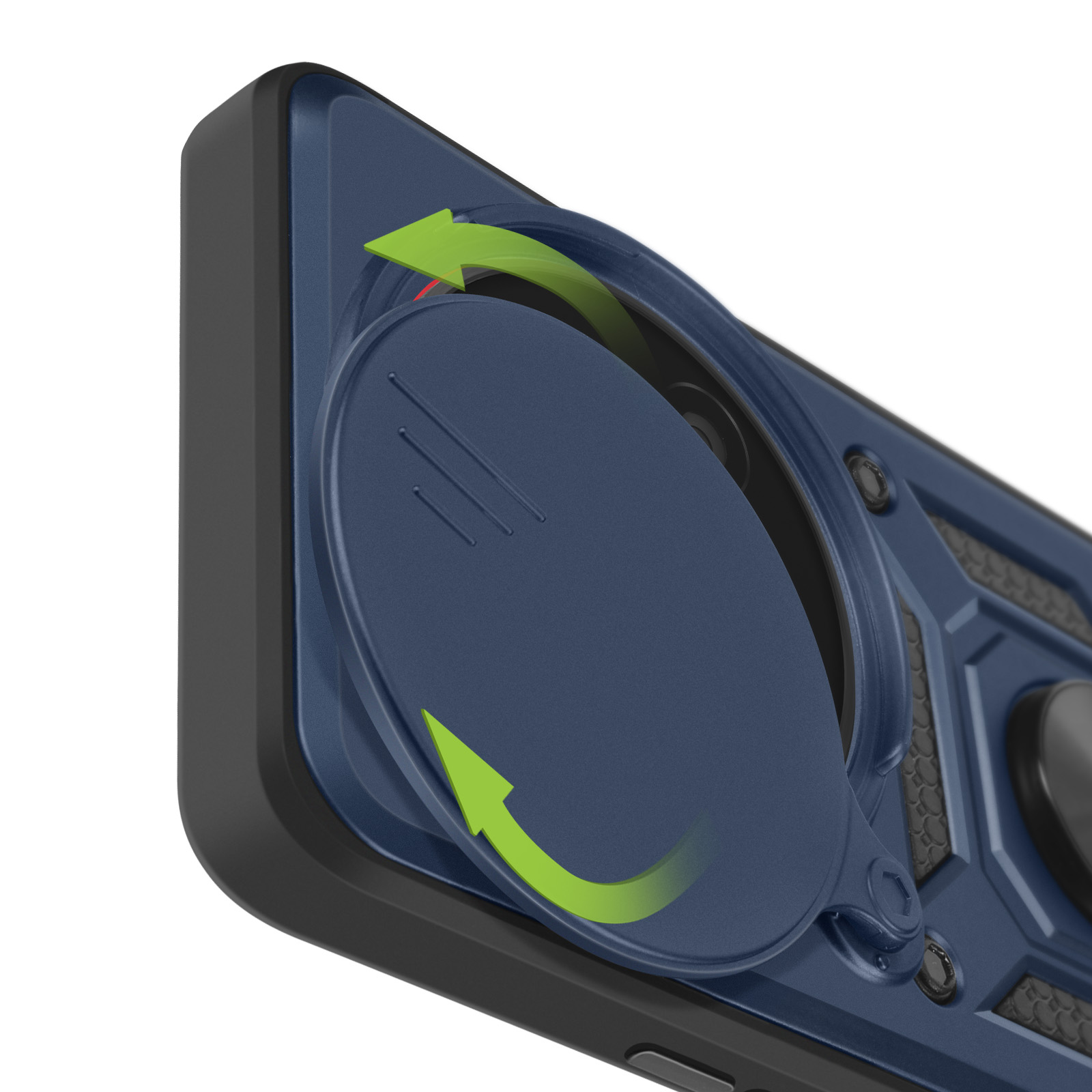 Primo piano di una custodia per telefono blu scuro con copertura scorrevole per fotocamera. Frecce verdi indicano il movimento.