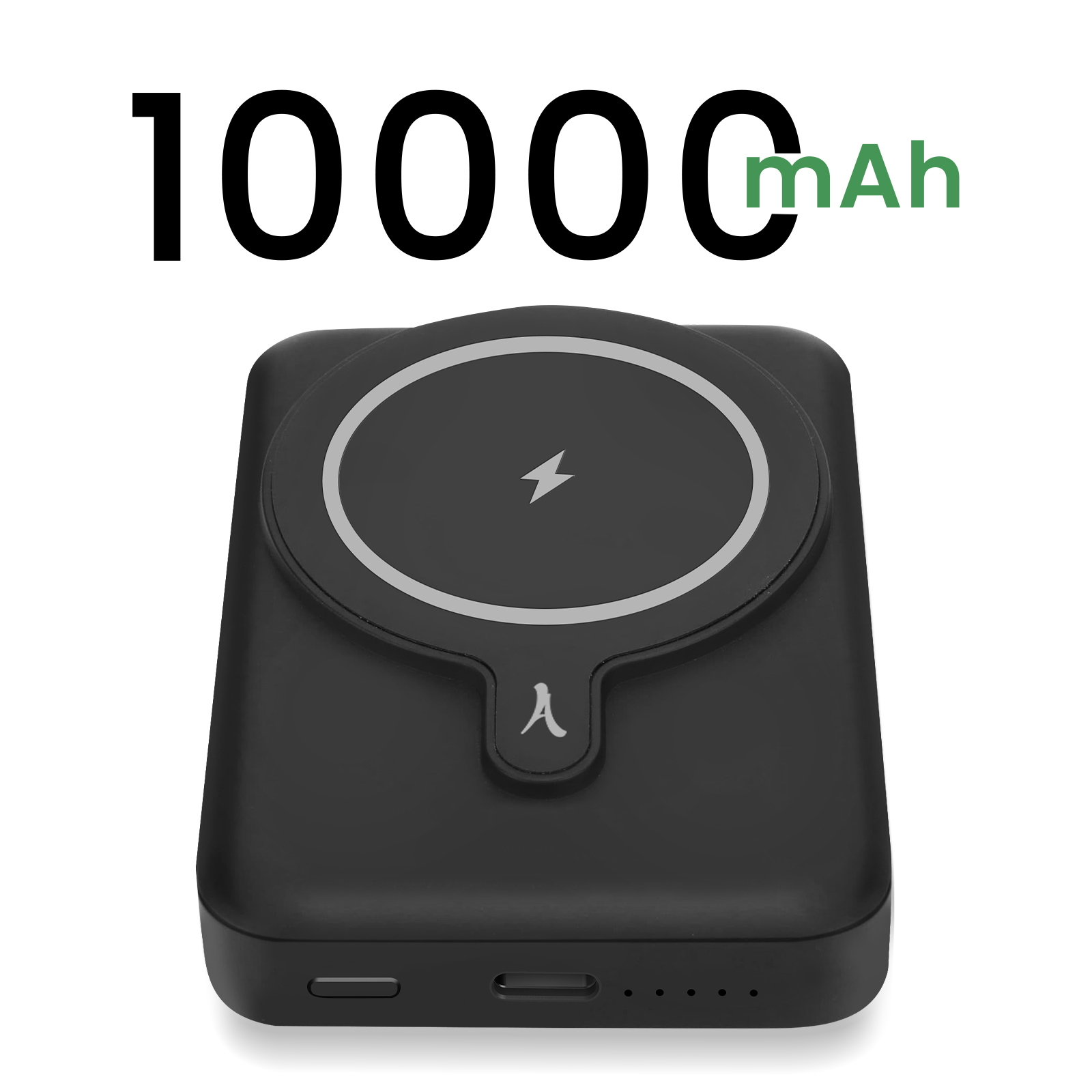 Batterie externe noire avec cercle blanc et symbole éclair. Affiche '10000mAh'.
