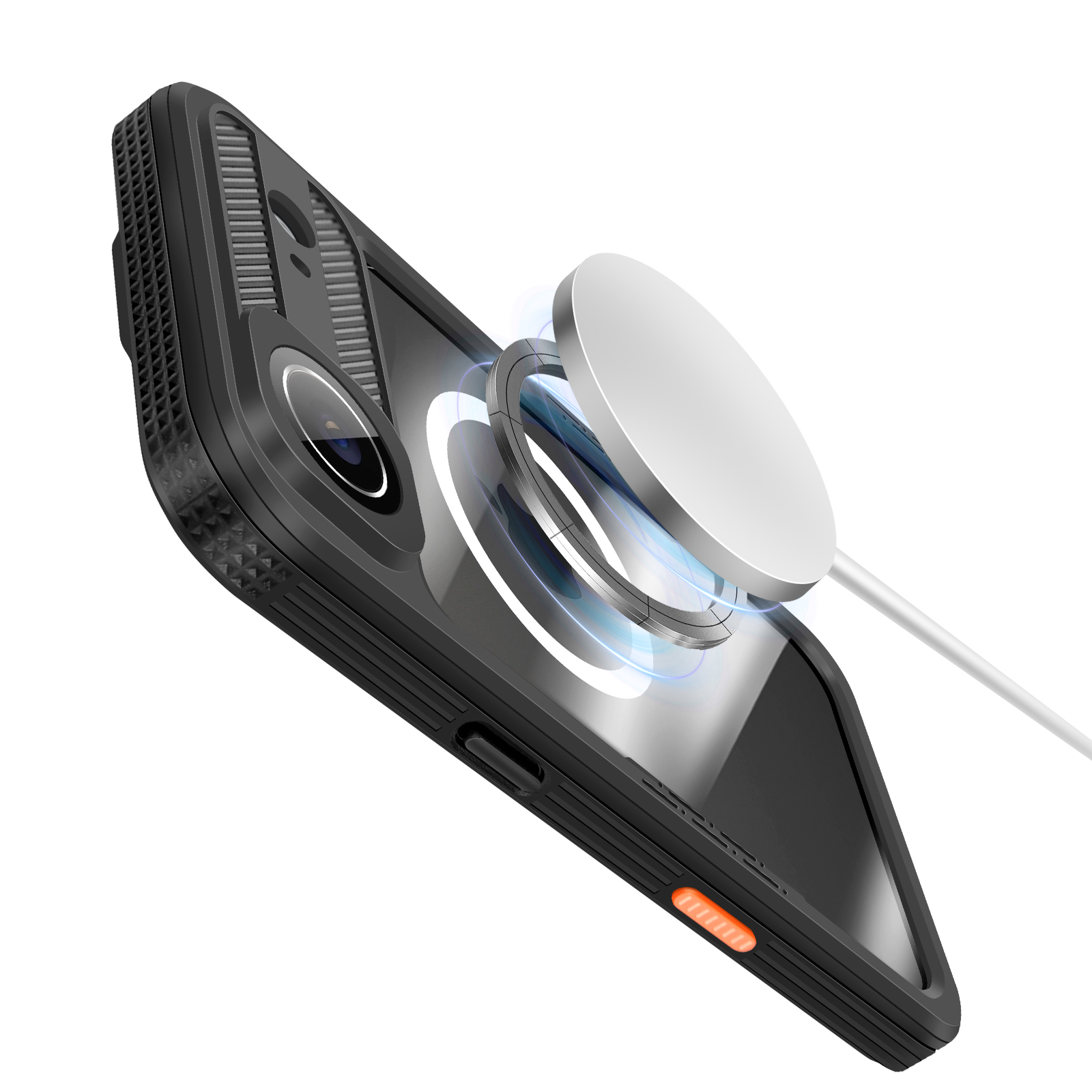 Coque de téléphone noire avec disque de chargement argenté. Câble blanc attaché. Dos transparent. Fond blanc.