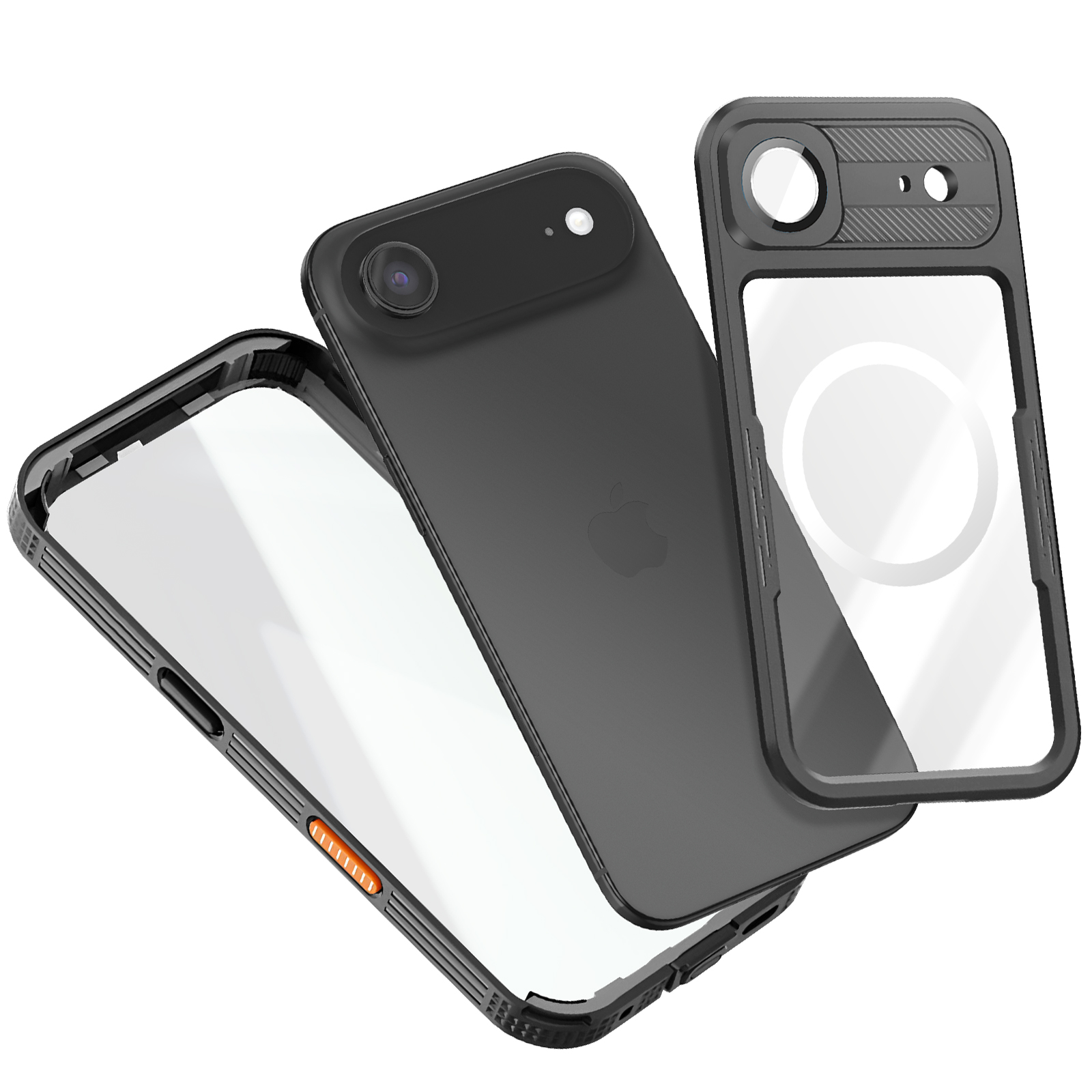 Trois étuis noirs pour iPhone, un avec le téléphone et deux étuis de protection transparents séparés. Le logo Apple est visible.