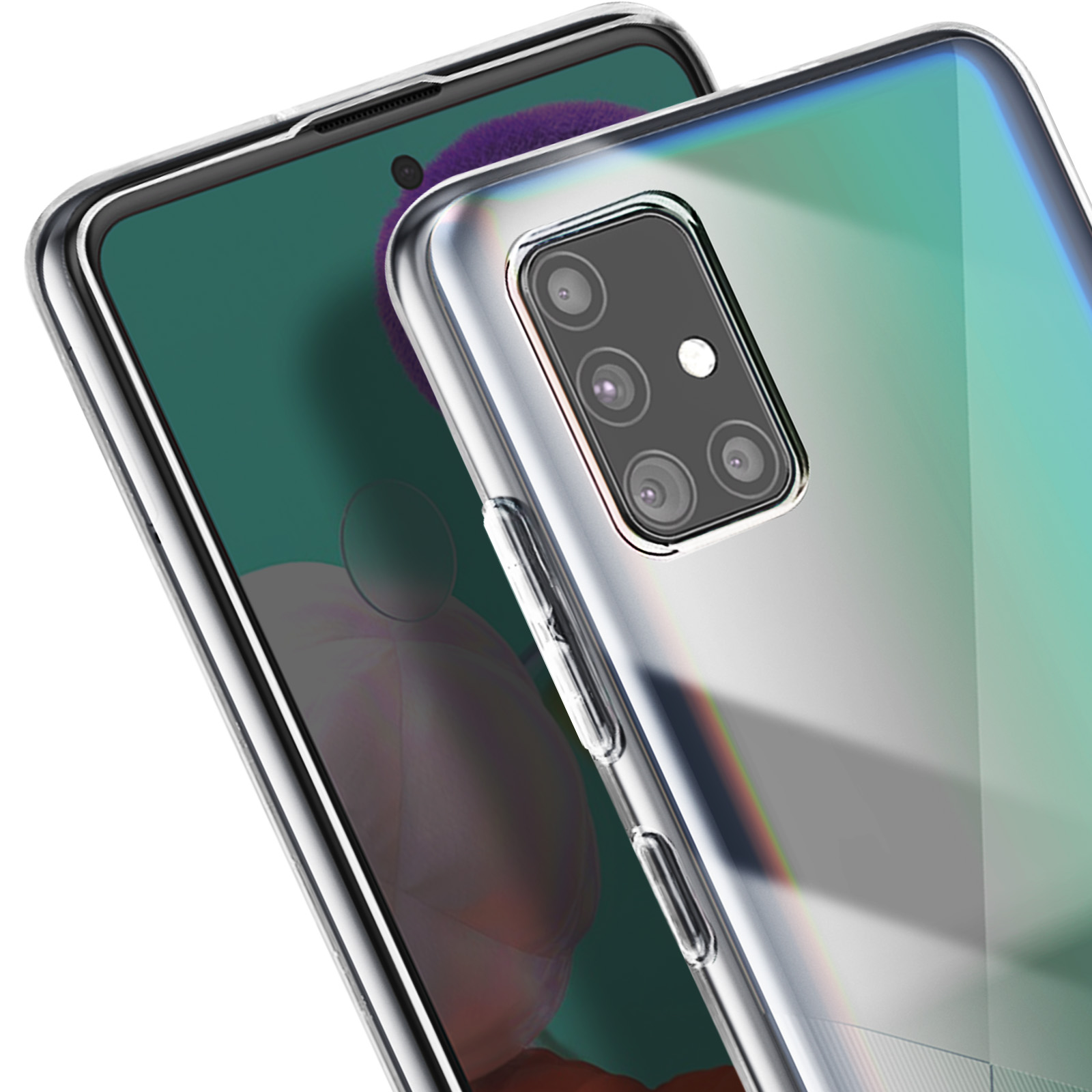 Due smartphone con custodie trasparenti. Uno ha schermo verde, l'altro un gruppo di fotocamere.