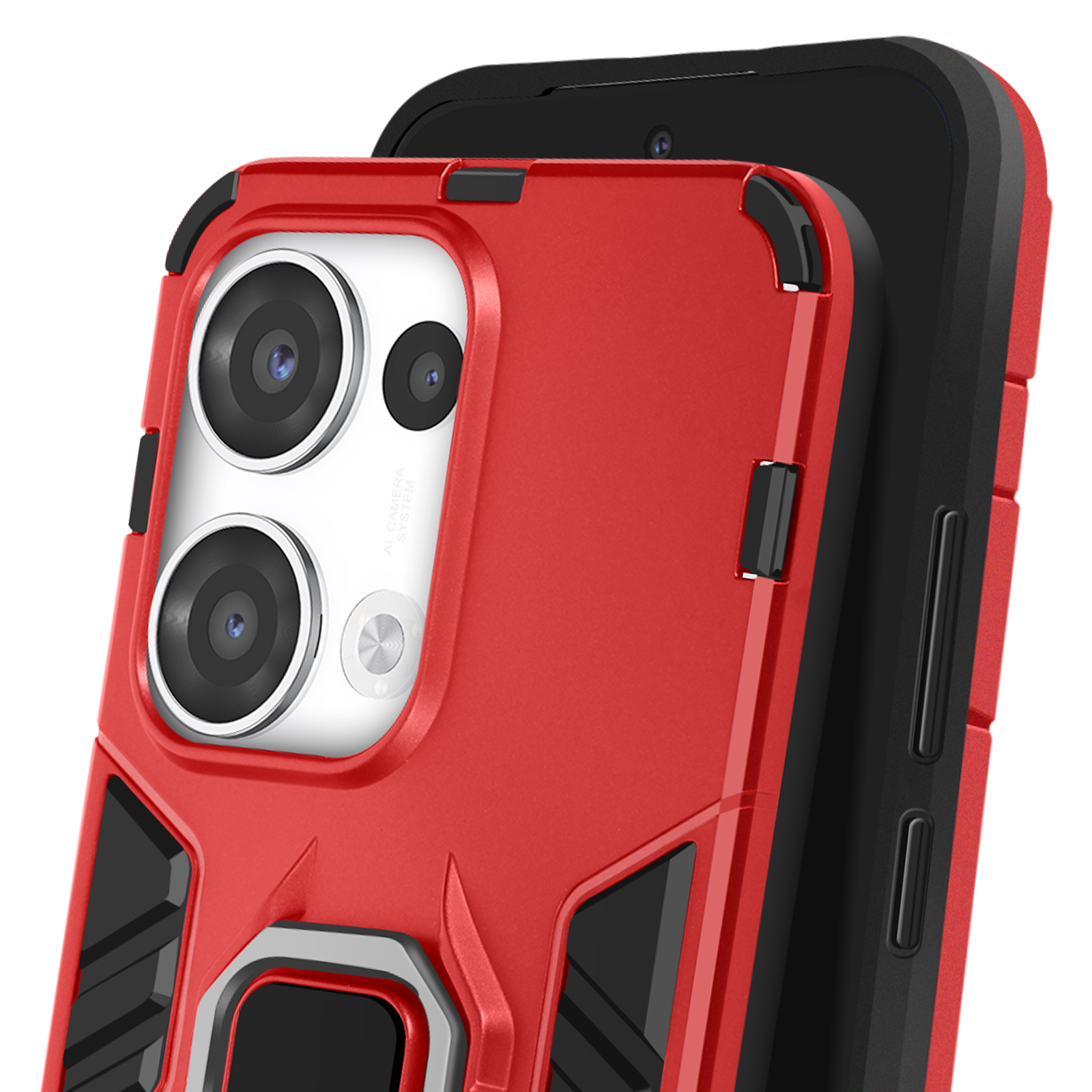 Primo piano di una custodia rossa per telefono con un telefono nero all'interno. La custodia ha ritagli per la fotocamera e un supporto ad anello.
