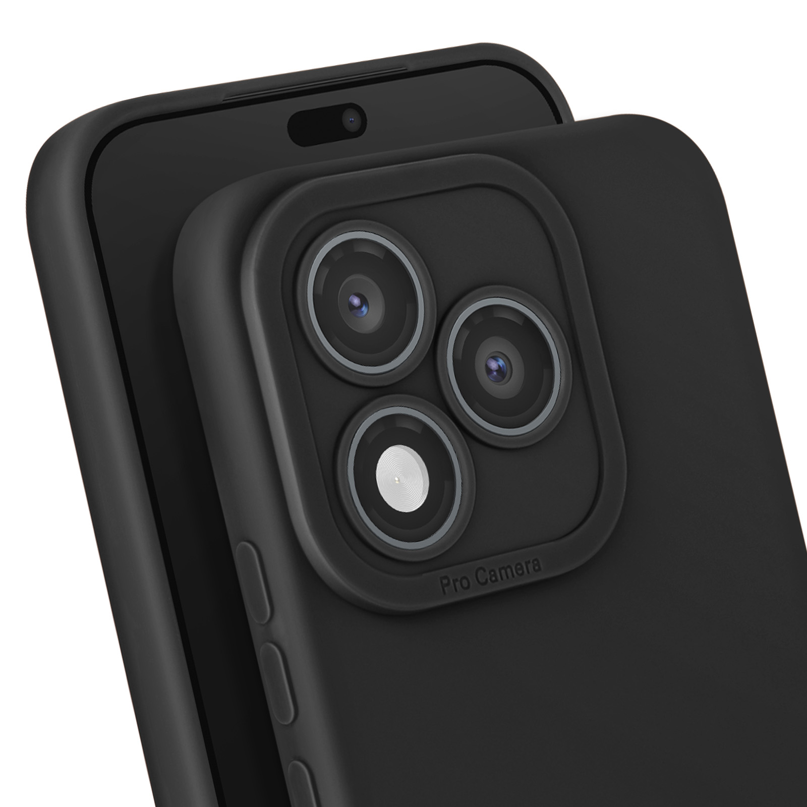 Primo piano di un telefono nero con fotocamera a tripla lente e custodia nera. 'Pro Camera' è stampato.