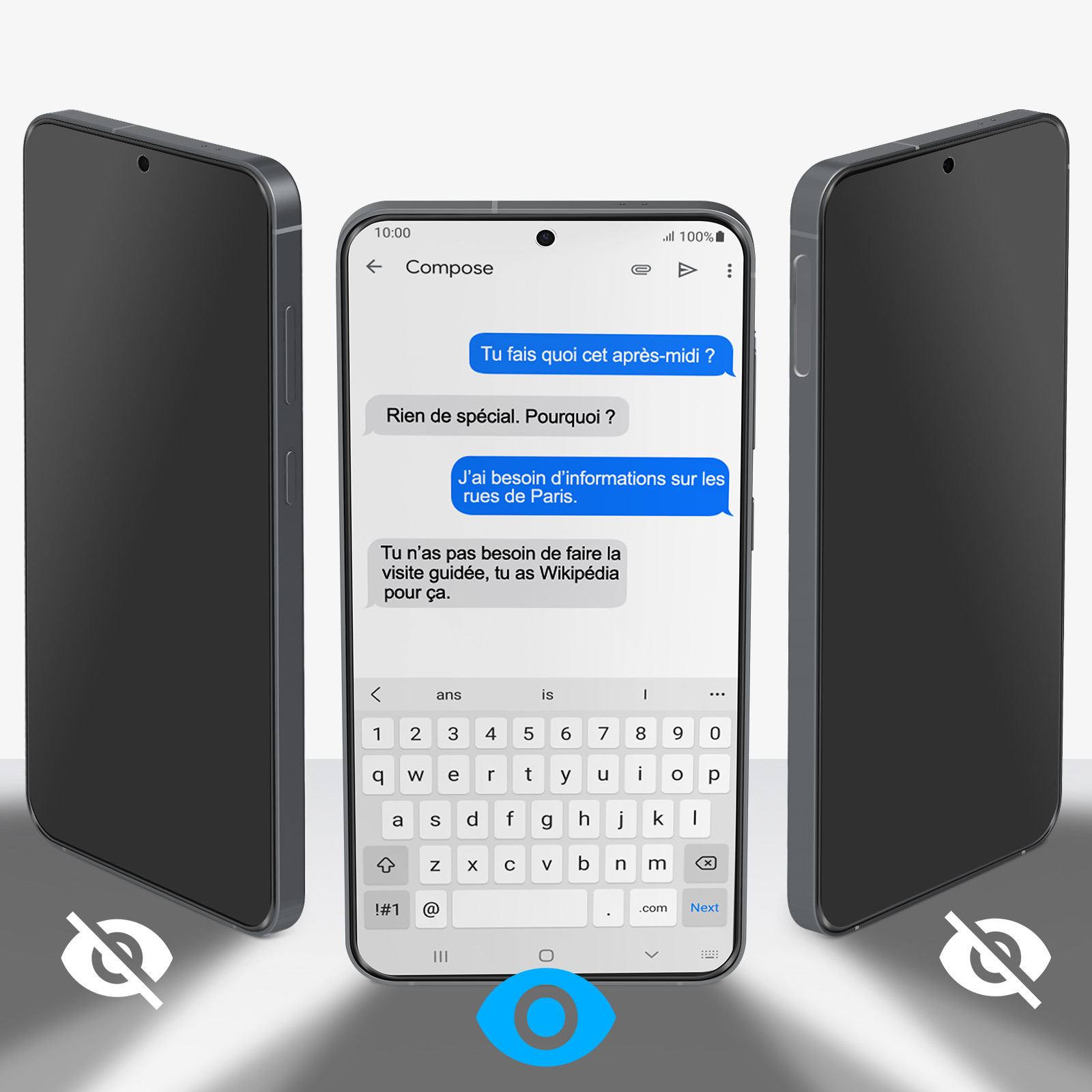 Tre smartphone: uno mostra una chat con testo francese e tastiera, gli altri due schermi neri.