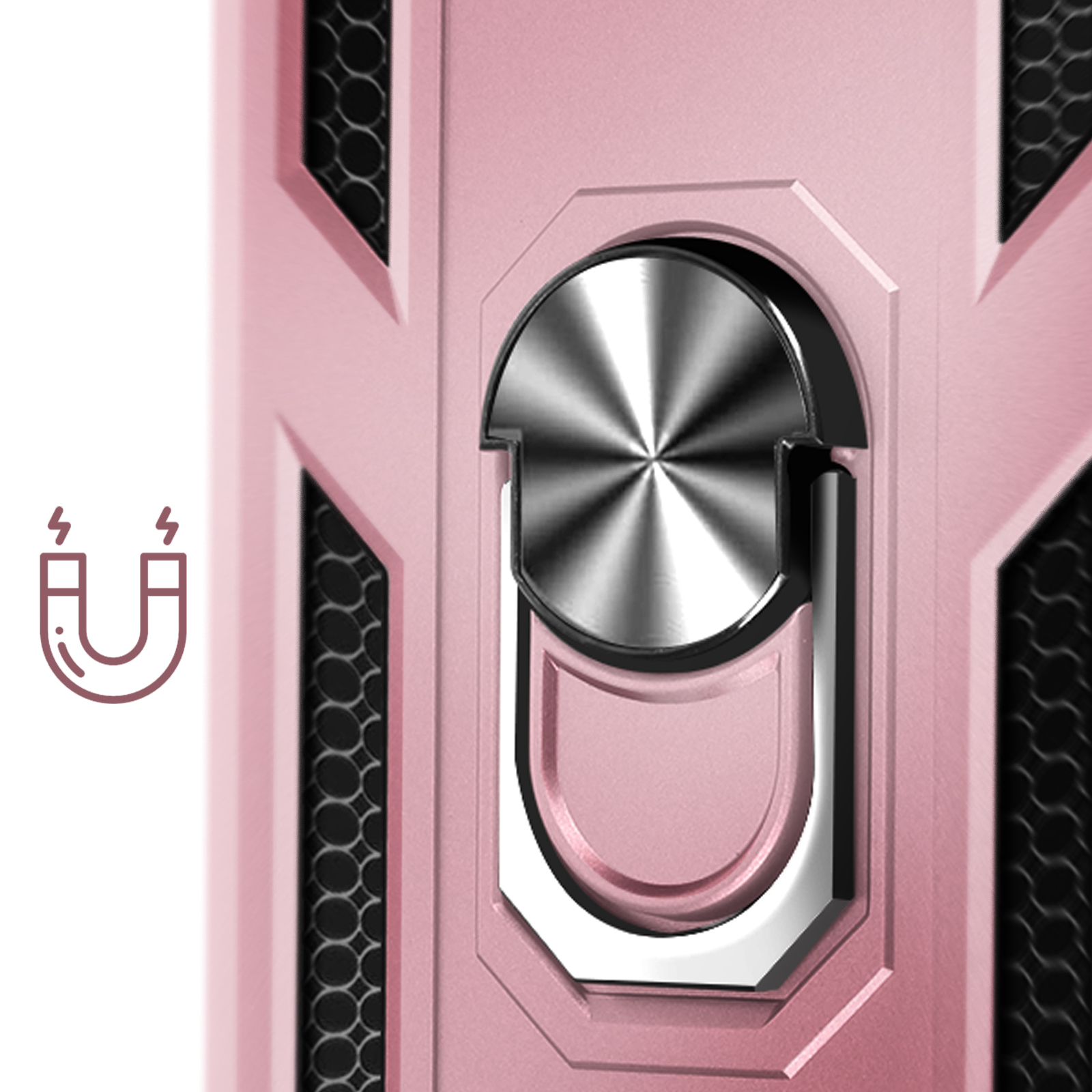 Roze telefoonhoesje met zilveren ringhouder. Magnetisch icoon links. Mesh-ontwerp.