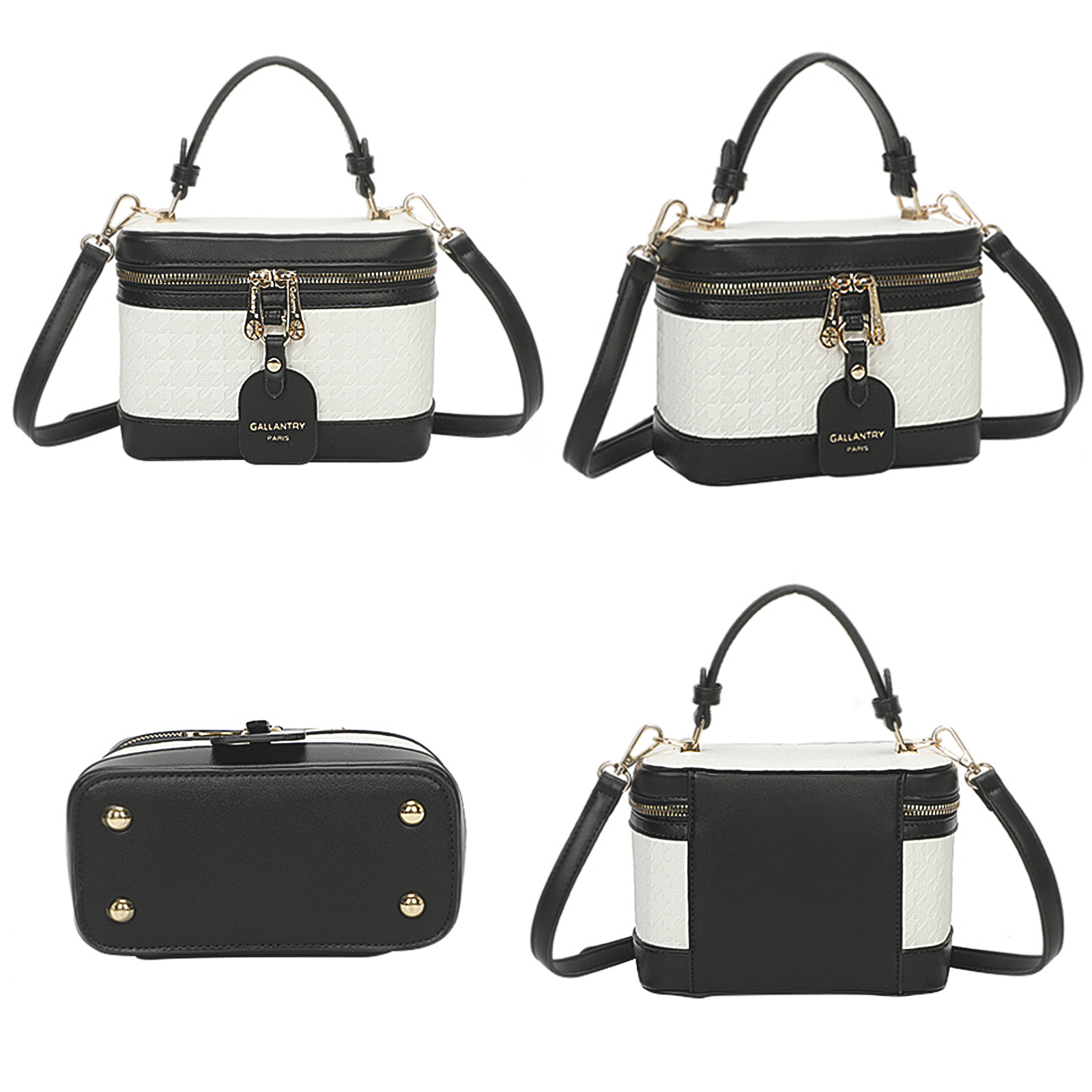 Un bolso blanco y negro con cremallera y asa doradas. Tiene una etiqueta que dice Gallantry Paris.