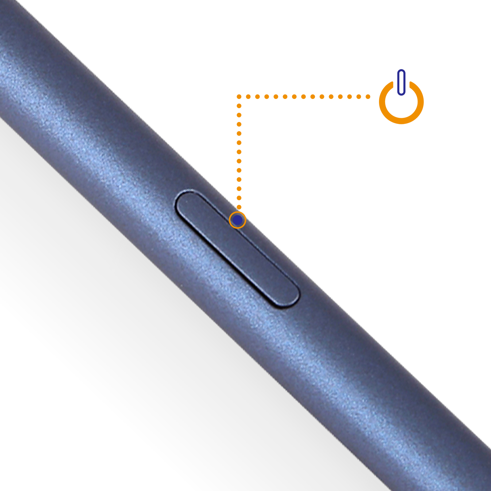 Primo piano di una penna blu con un pulsante di accensione e un simbolo di accensione arancione.