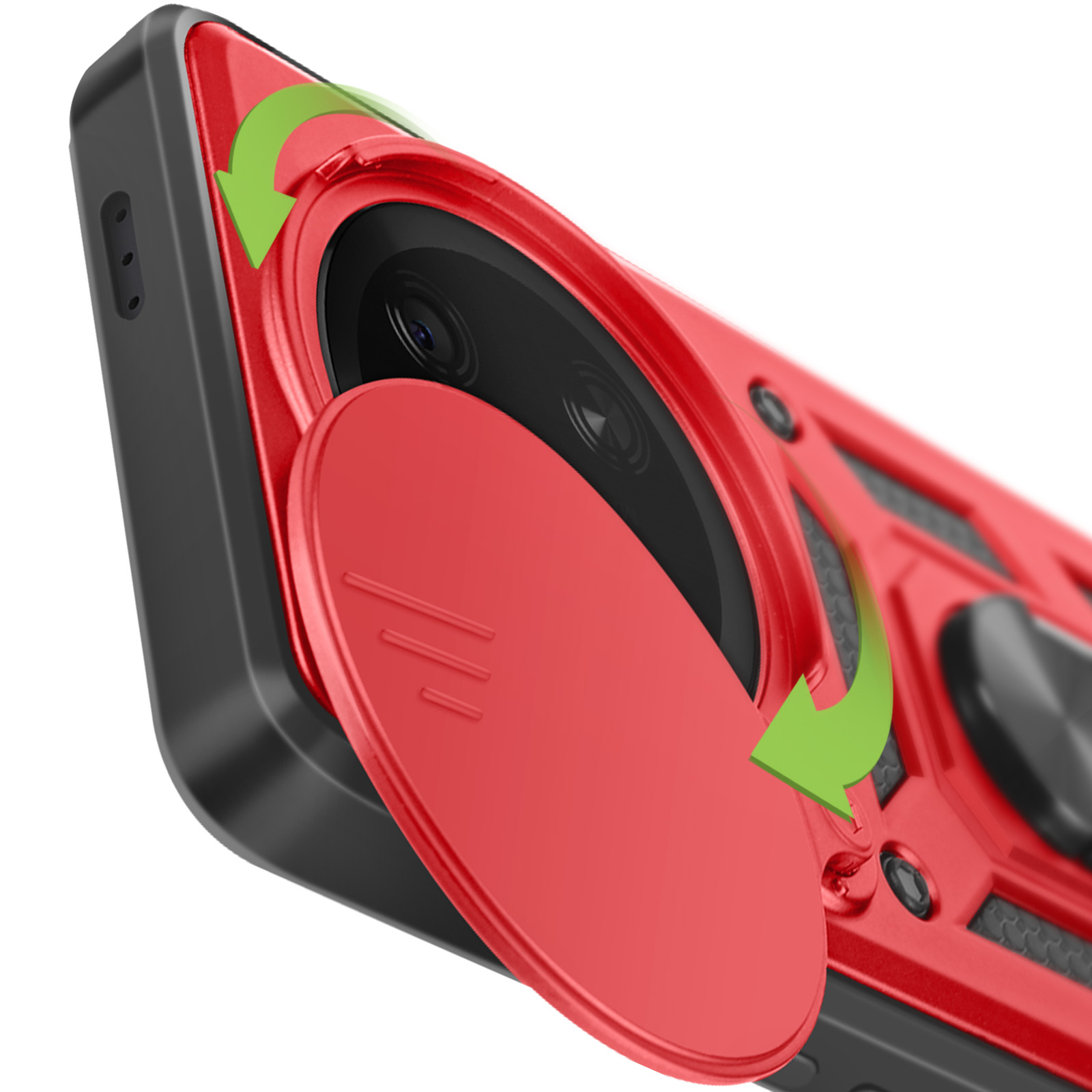 Custodia rossa per telefono con copertura della fotocamera aperta, che rivela l'obiettivo. Design nero e rosso con freccia verde.