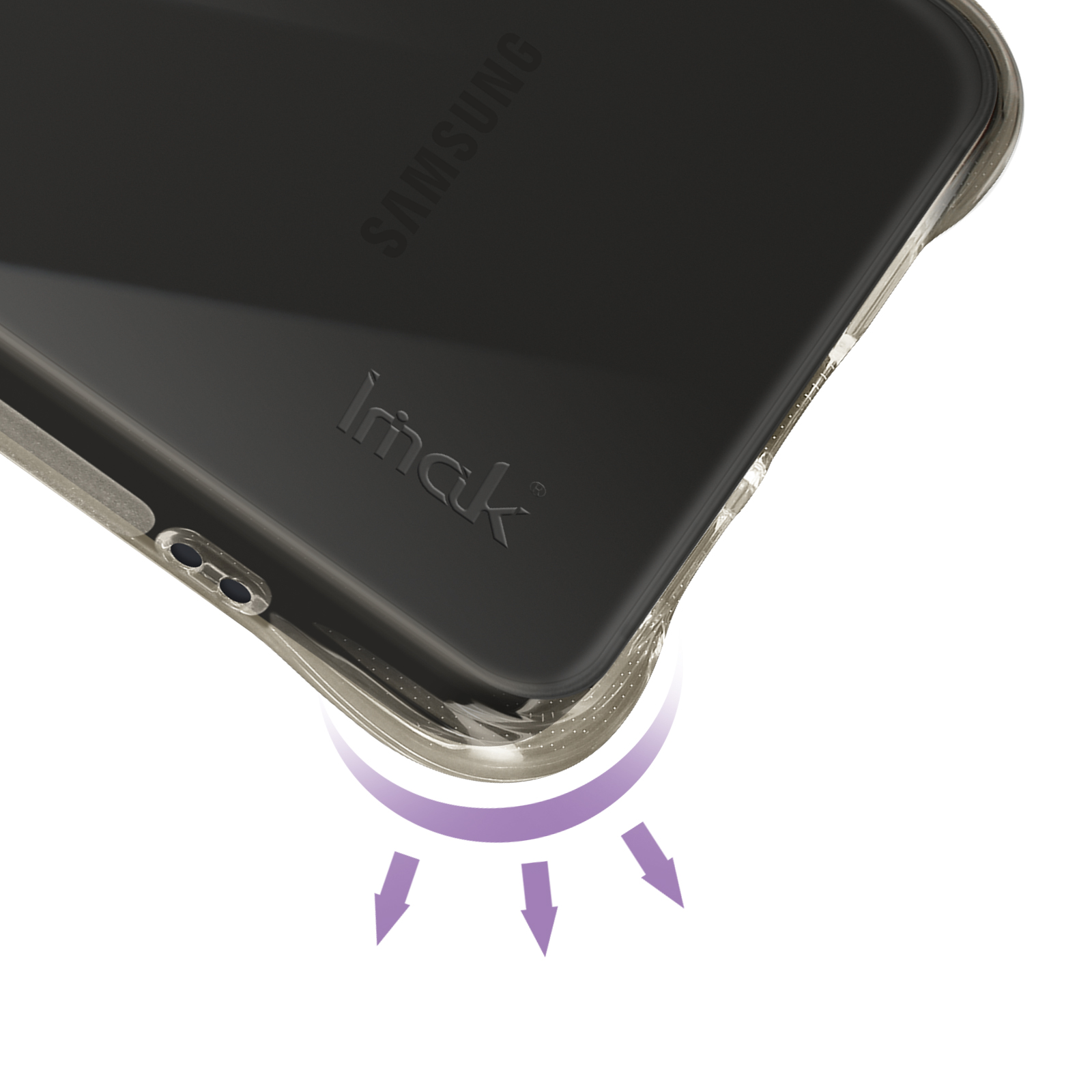 Una custodia per telefono con marchio 'Samsung' e 'Imak'. Una freccia curva viola punta verso il basso. Sfondo bianco.