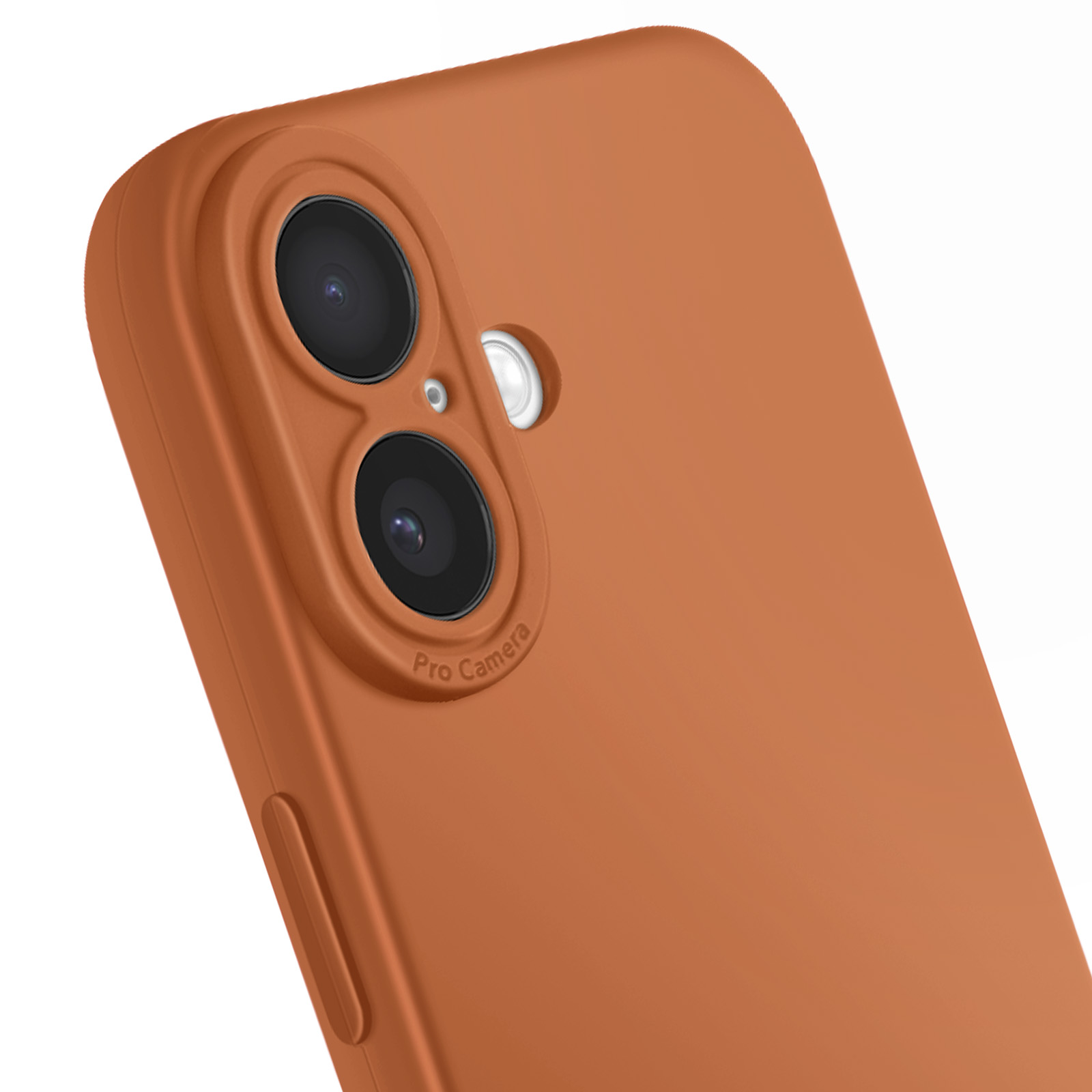 Close-up van een telefoonhoesje. De hoes is oranje, met cameralenzen en flitser. De woorden 'Pro Camera' zijn zichtbaar.