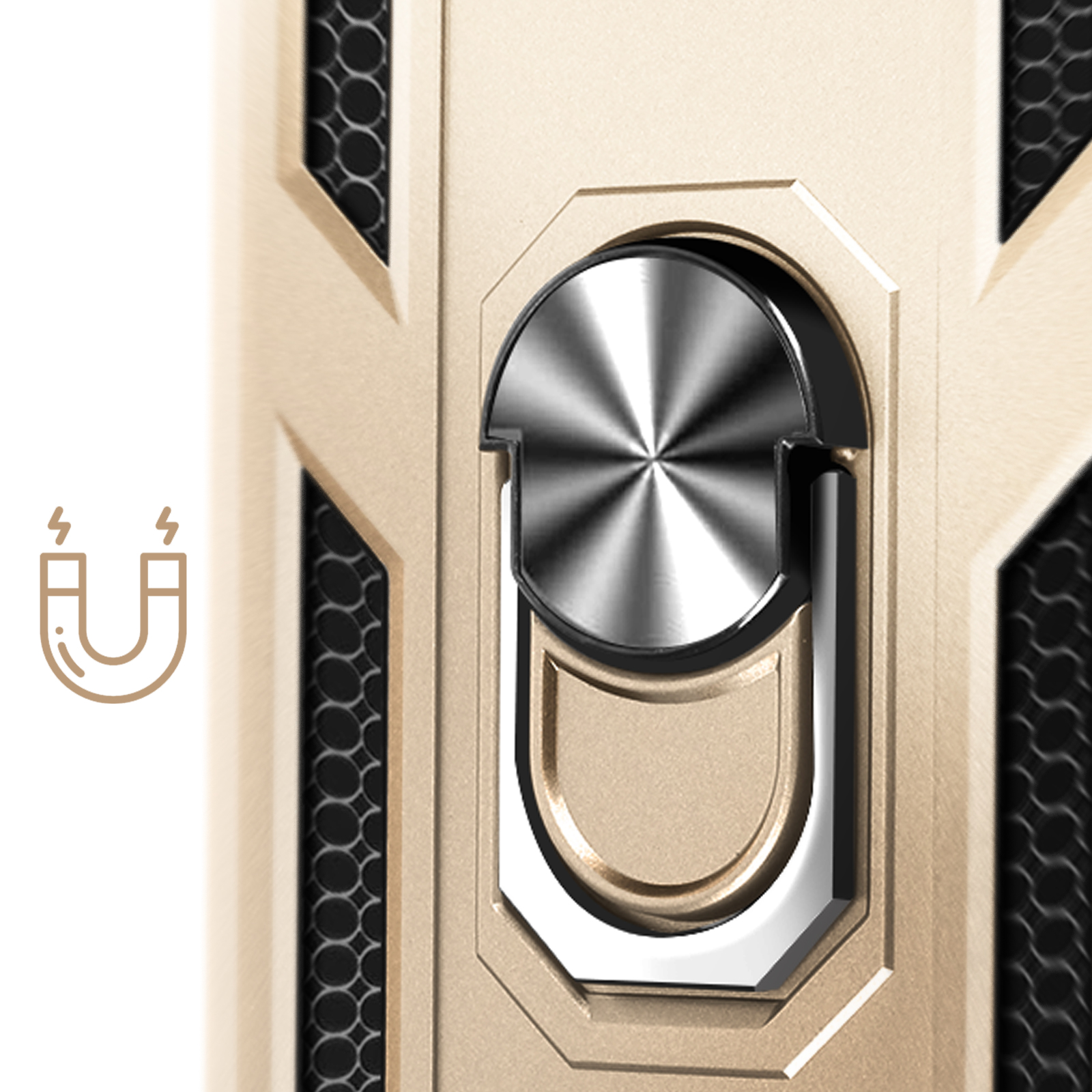 Close-up van een telefoonhoesje met een metalen ringhouder. De hoes is goudkleurig en de ring is zilver en zwart.