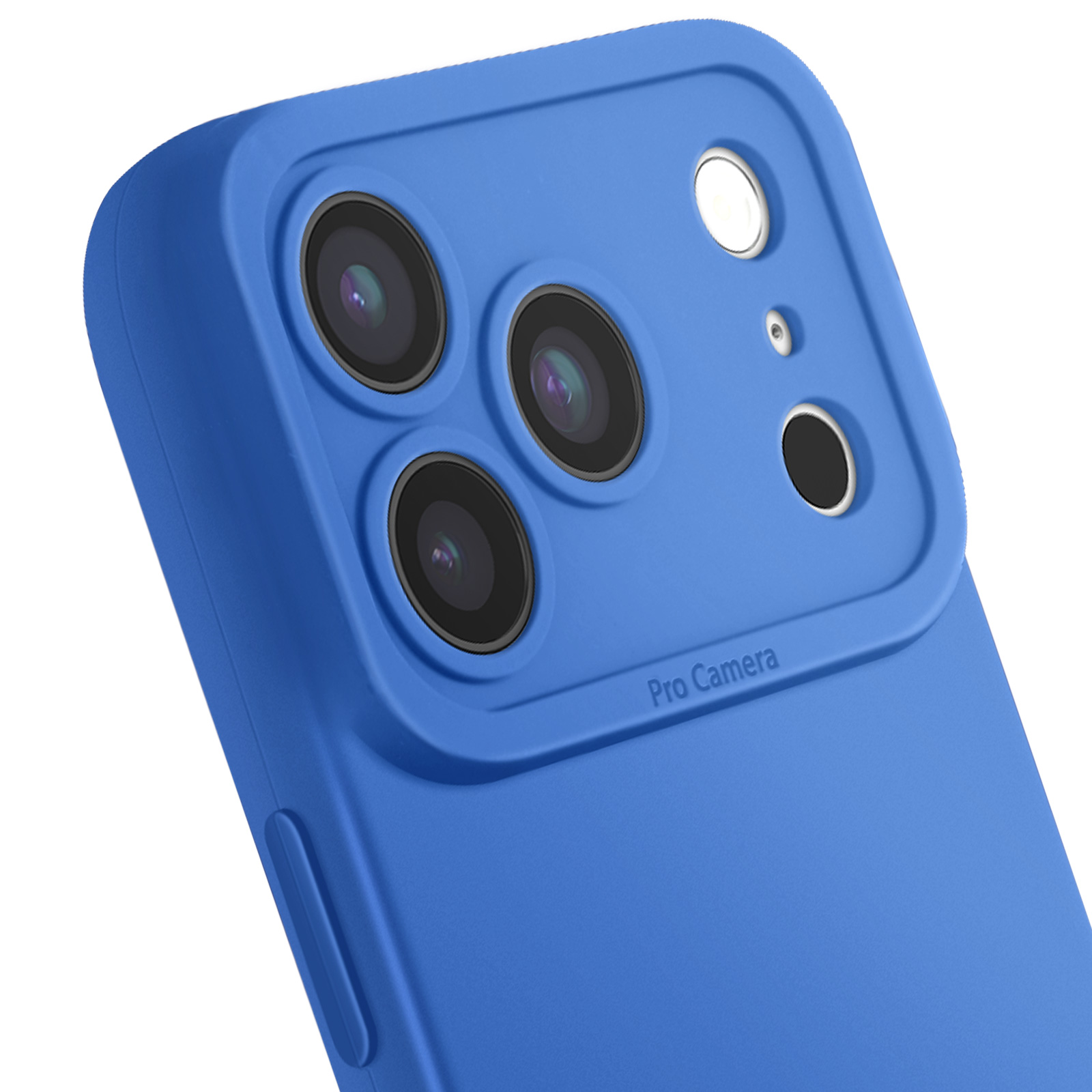 Close-up van een blauwe telefoonhoes met drie cameralenzen en een flitser. De tekst 'Pro Camera' is zichtbaar.