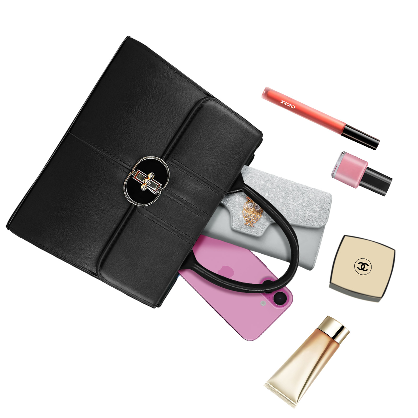 Bolso negro con objetos: teléfono, cartera, maquillaje, esmalte de uñas, lápiz labial y base.