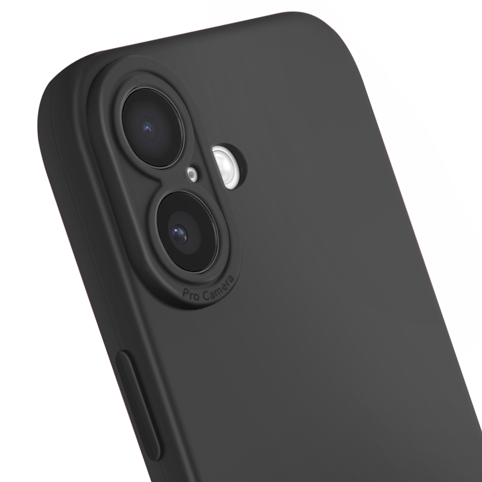 Close-up van een zwarte telefoonhoes met een cameramodule. De hoes heeft twee lenzen en een flitser. De achtergrond is wit.