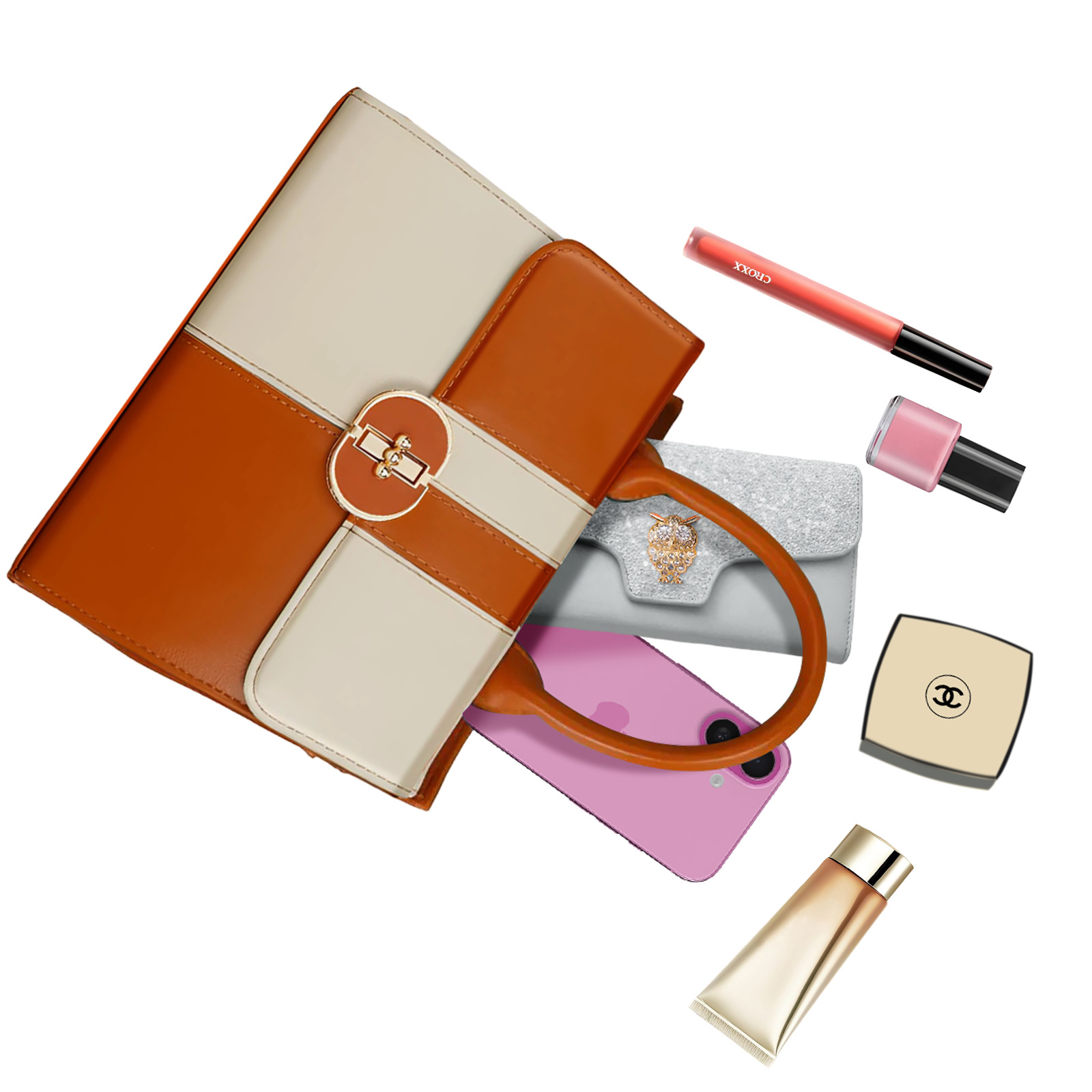 Un bolso marrón y beige con cosméticos. Incluye pintalabios, esmalte de uñas, un compacto, una cartera y un teléfono rosa.