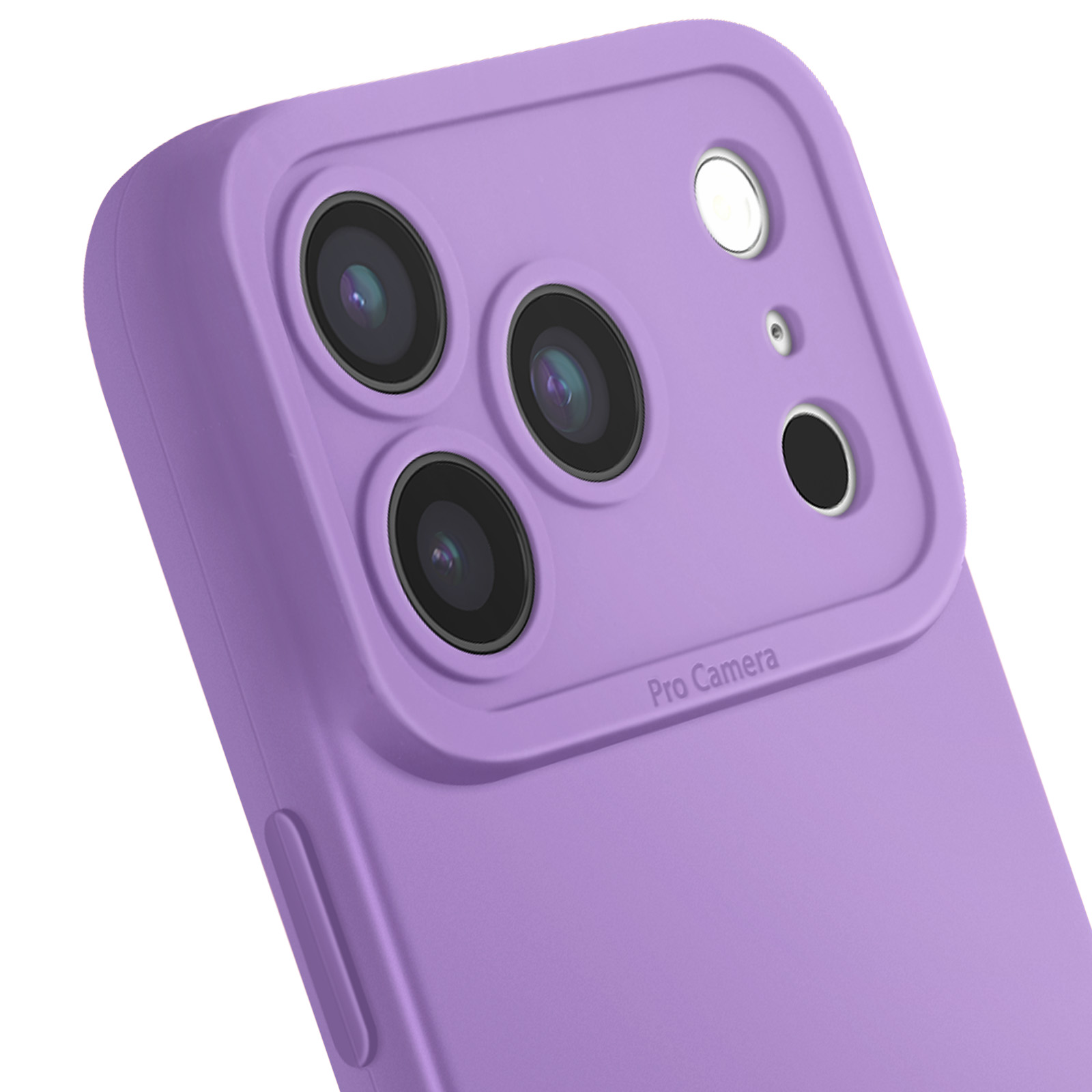 Close-up van een paarse telefoonhoes met cameralenzen, flitser en een zwarte sensor. De hoes is naar de kijker gekanteld.