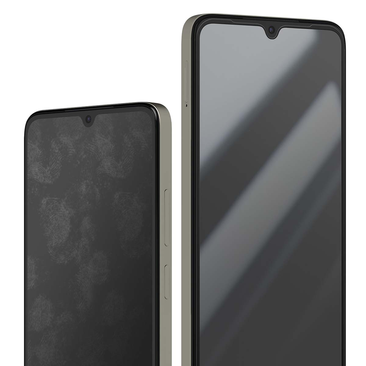 Due smartphone, uno con impronte digitali, l'altro pulito. Entrambi hanno schermi neri e cornici grigie. Gli schermi riflettono la luce.