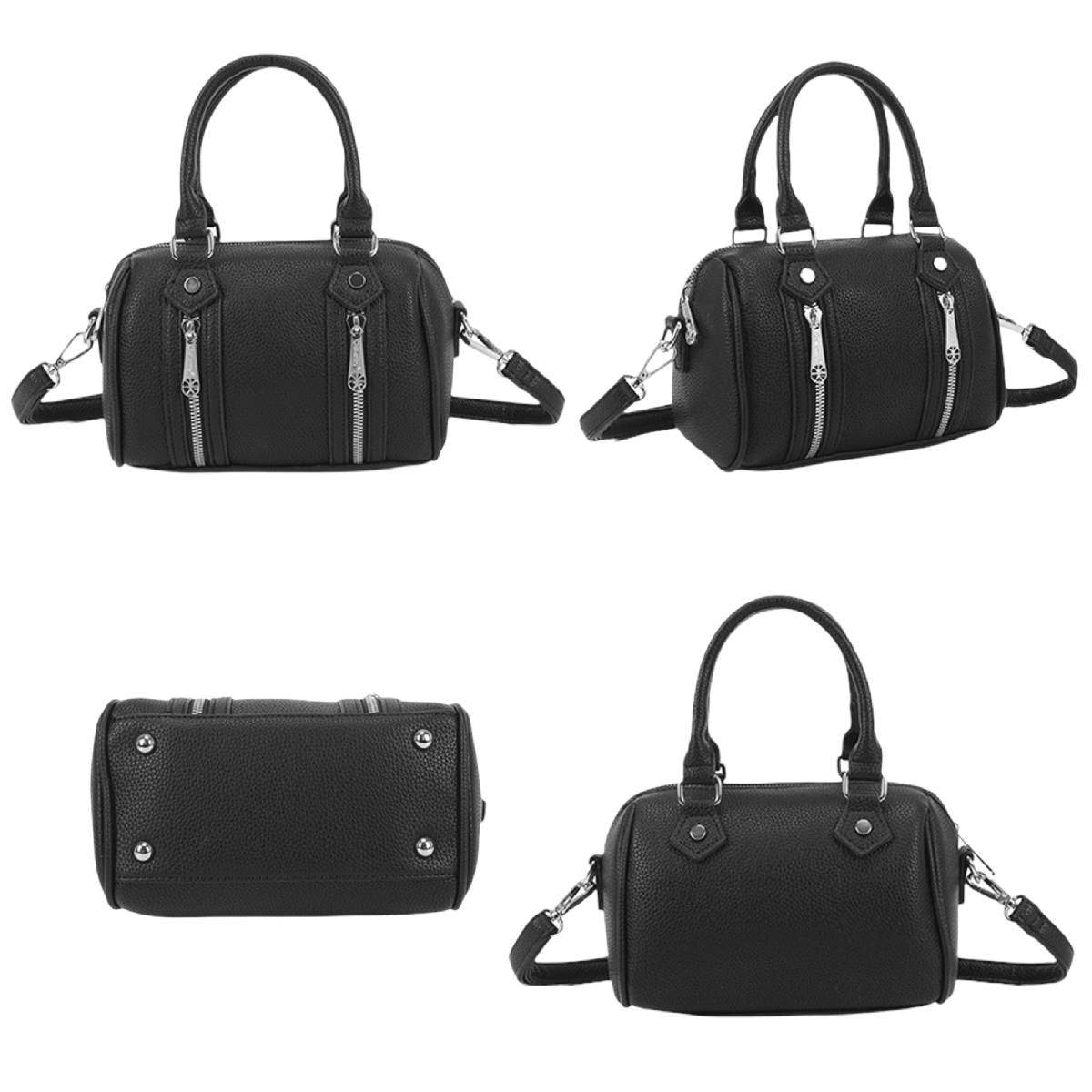 Cuatro vistas de un bolso de cuero negro. Tiene cremalleras, un asa superior y una correa para el hombro. La bolsa está sobre un fondo blanco.