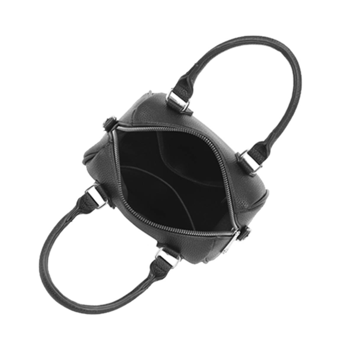 Bolso de mano de cuero negro con cremallera abierta y dos asas curvas. Los herrajes plateados acentúan las asas. 