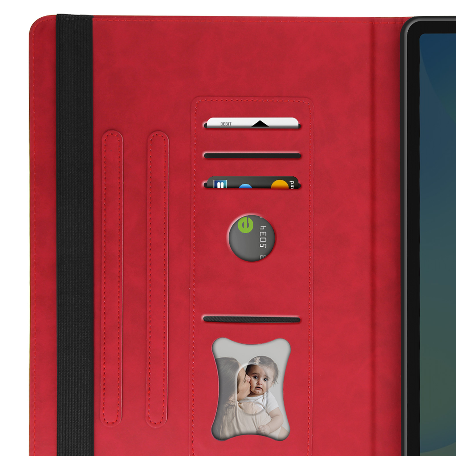 Custodia per tablet rossa con scomparti per carte, foto di un bambino e fascia elastica. Un tablet a destra.