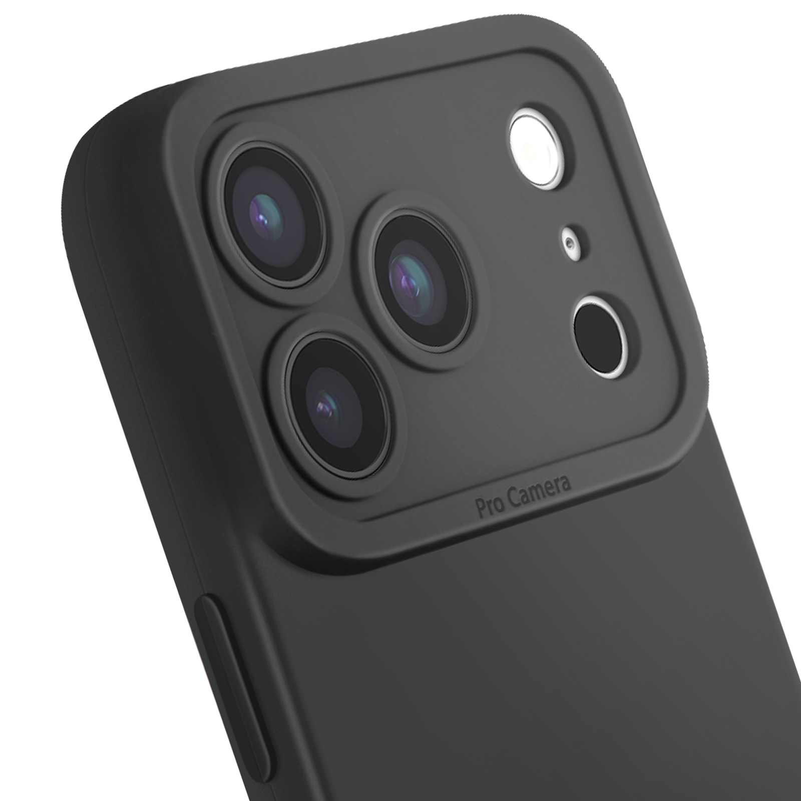 Gros plan sur un étui de téléphone noir avec plusieurs lentilles d'appareil photo, un flash et les mots 'Pro Camera'.