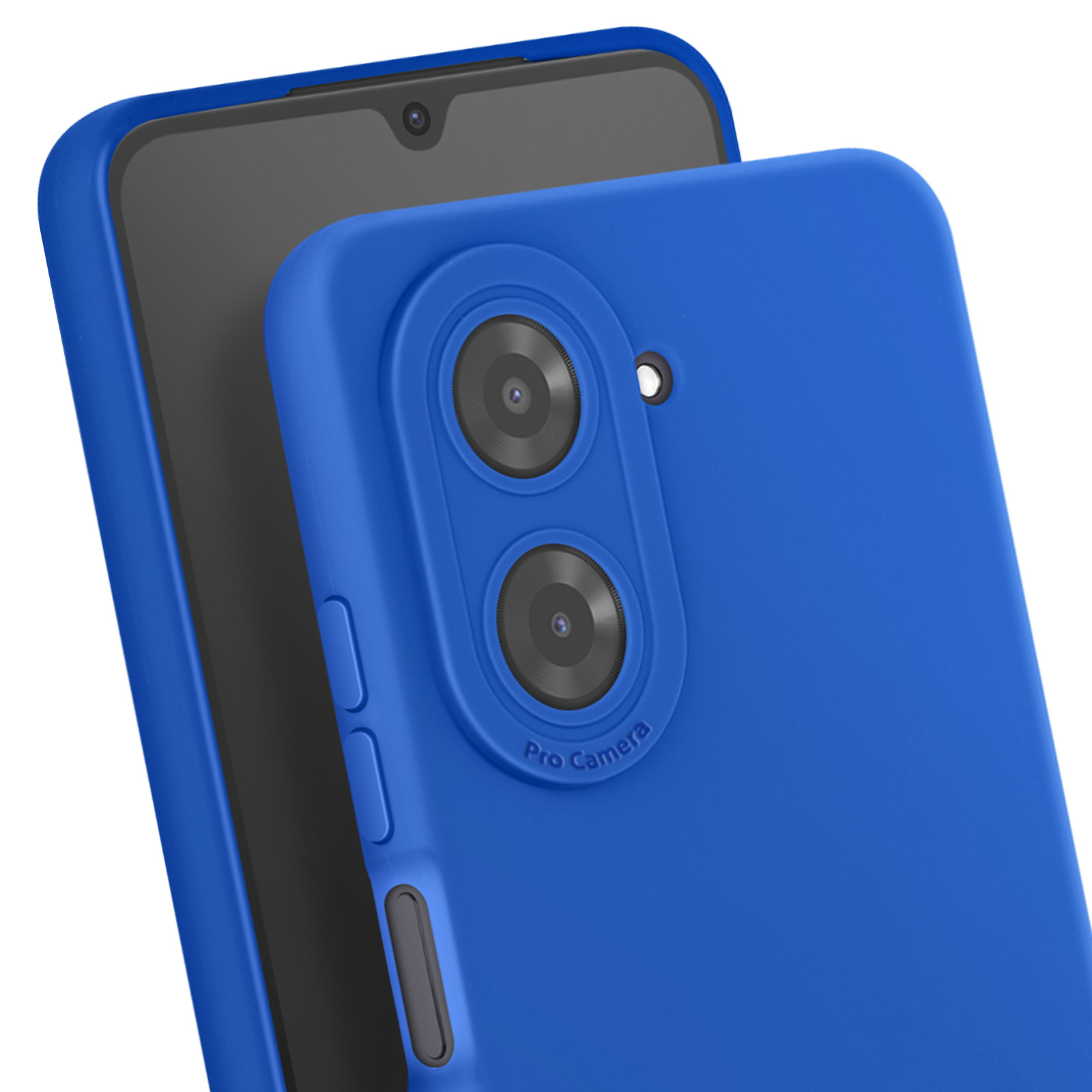 Coque de téléphone bleue avec deux caméras, un flash et un écran noir. Texte 'Pro Camera' visible.