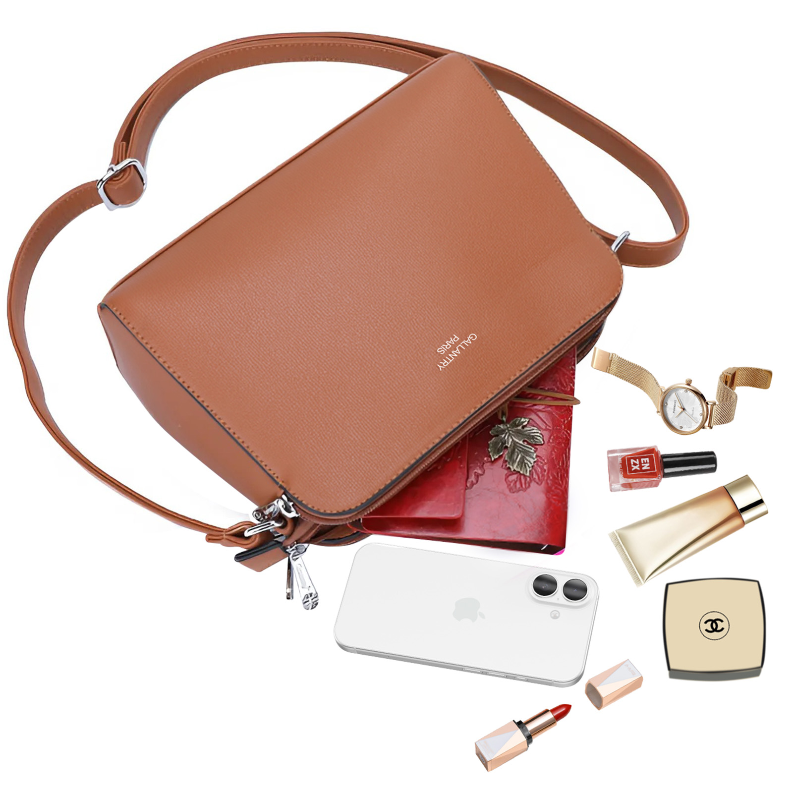Un bolso marrón con objetos como un teléfono, lápiz labial, reloj y esmalte de uñas.