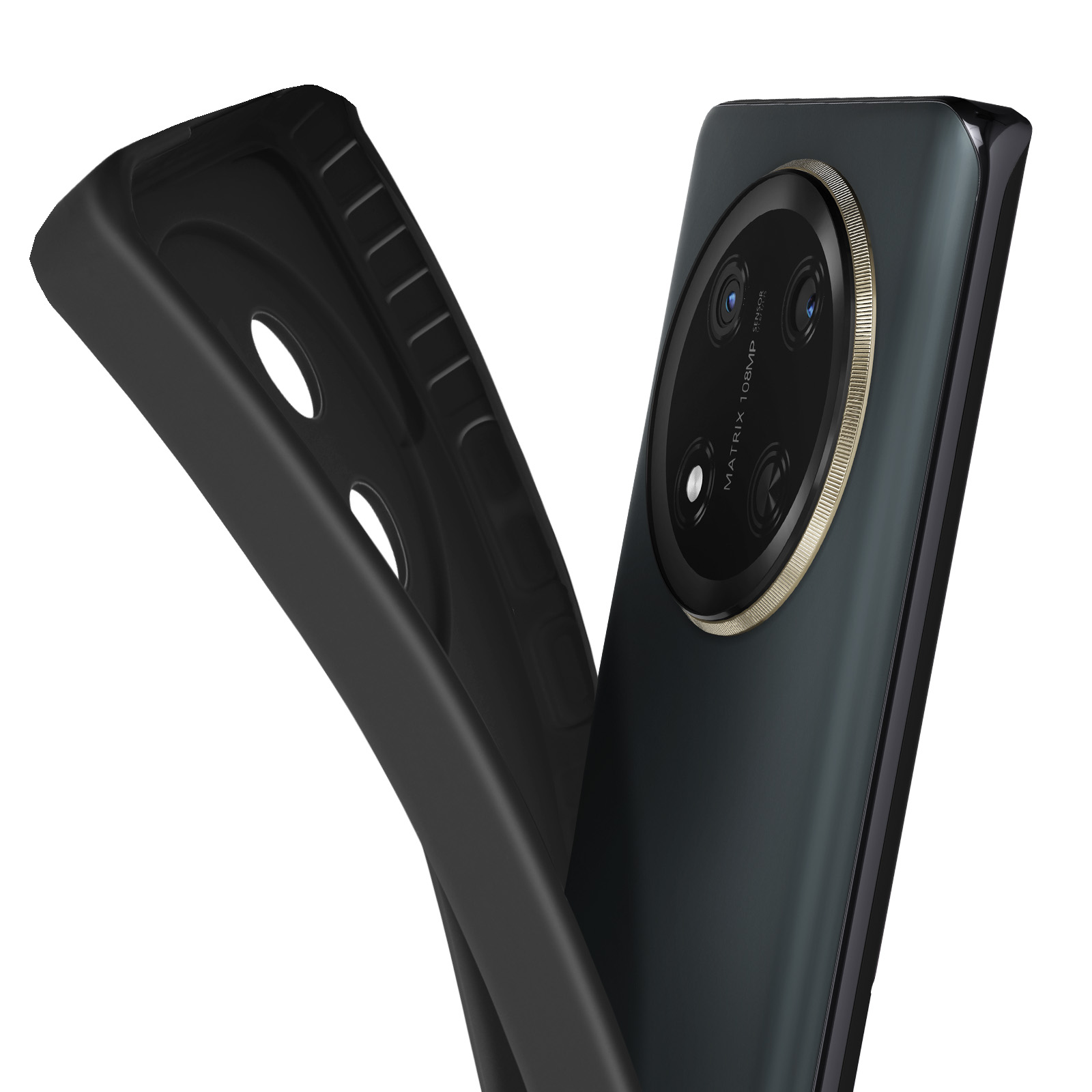 Uno smartphone con custodia nera in fase di rimozione. Il telefono ha un grande modulo fotocamera, un anello nero e oro e un retro verde scuro.