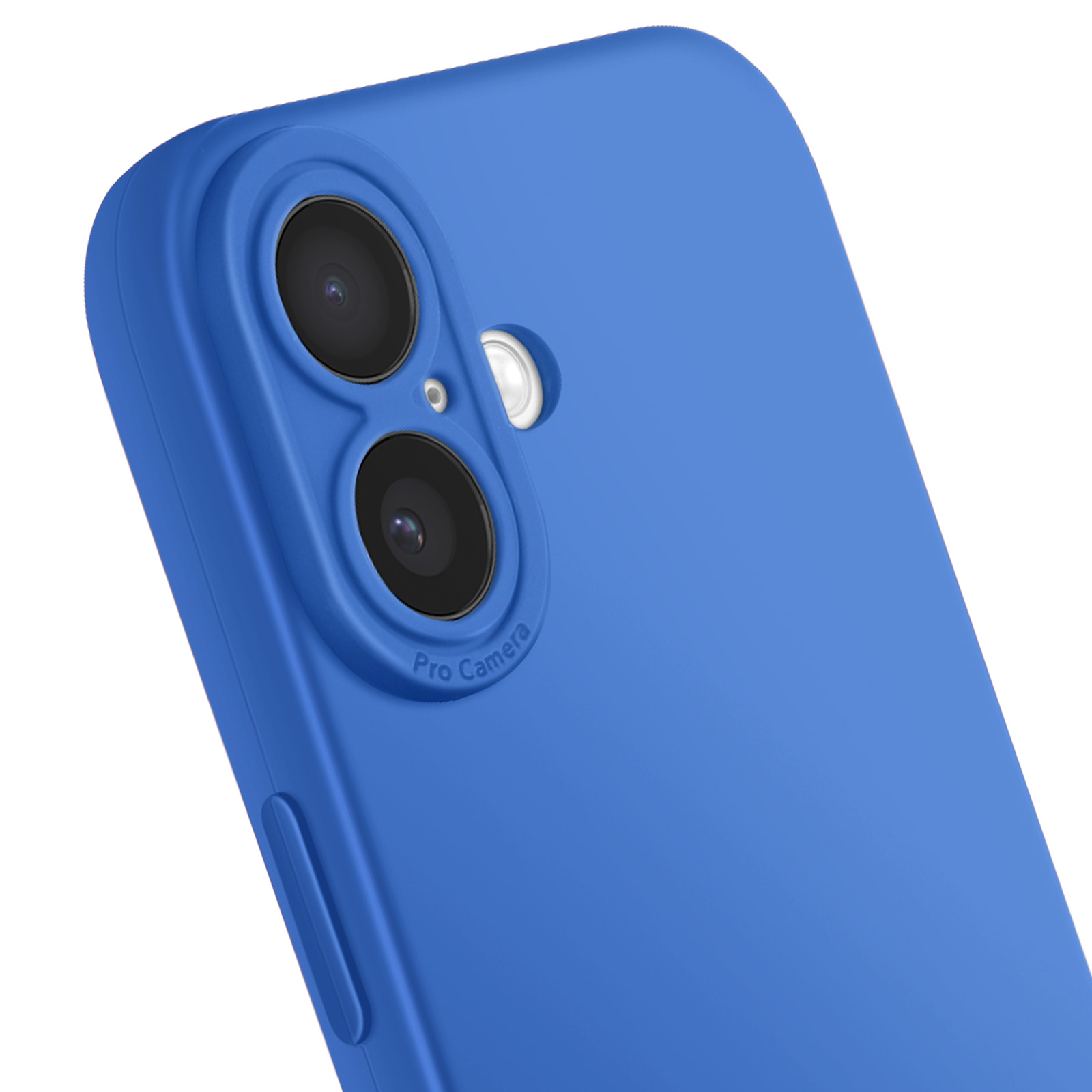 Close-up van een blauwe telefoonhoes met twee cameralenzen en een flitser. De woorden Pro Camera zijn zichtbaar.