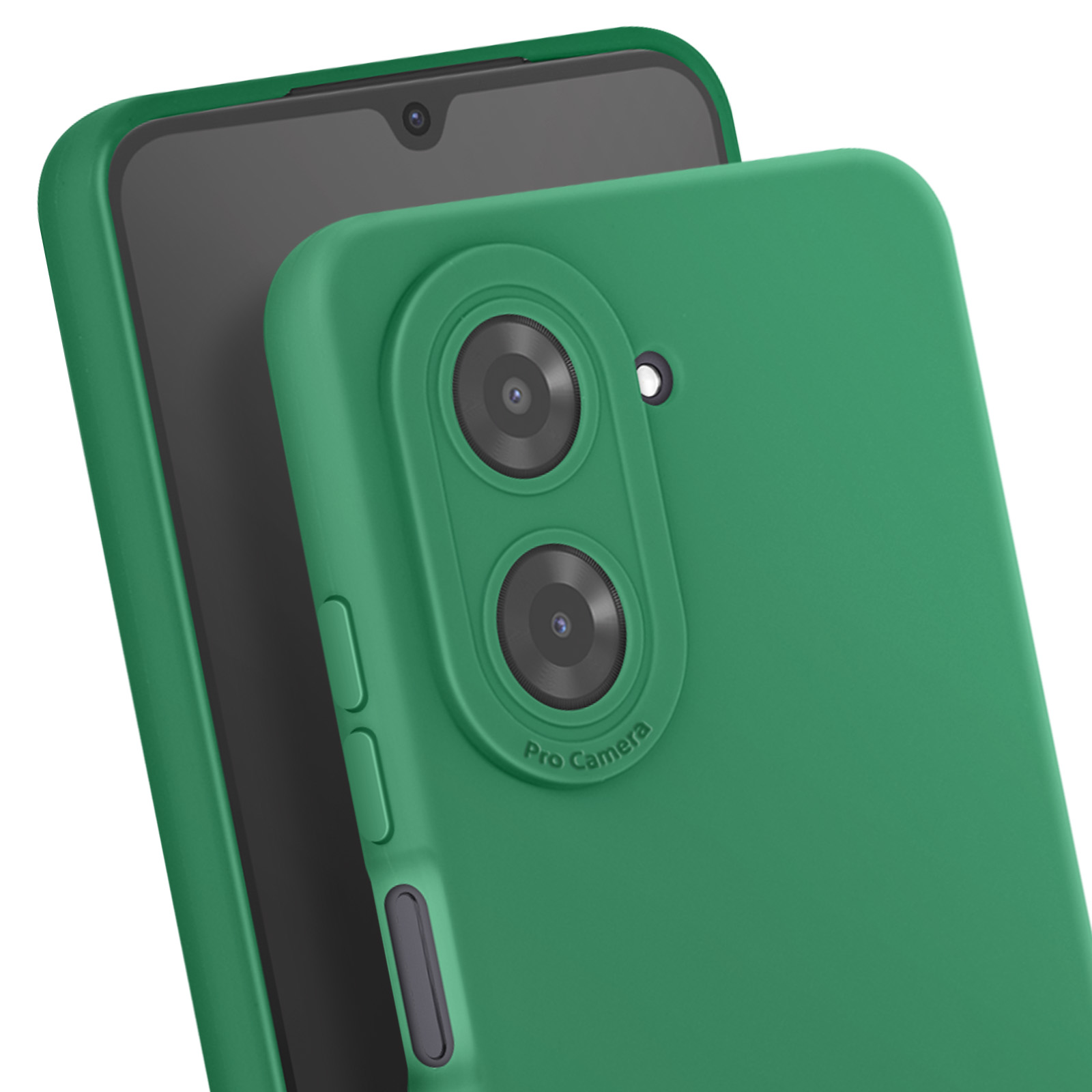 Custodia verde per telefono con due fotocamere, un flash e uno schermo nero. La custodia è angolata.