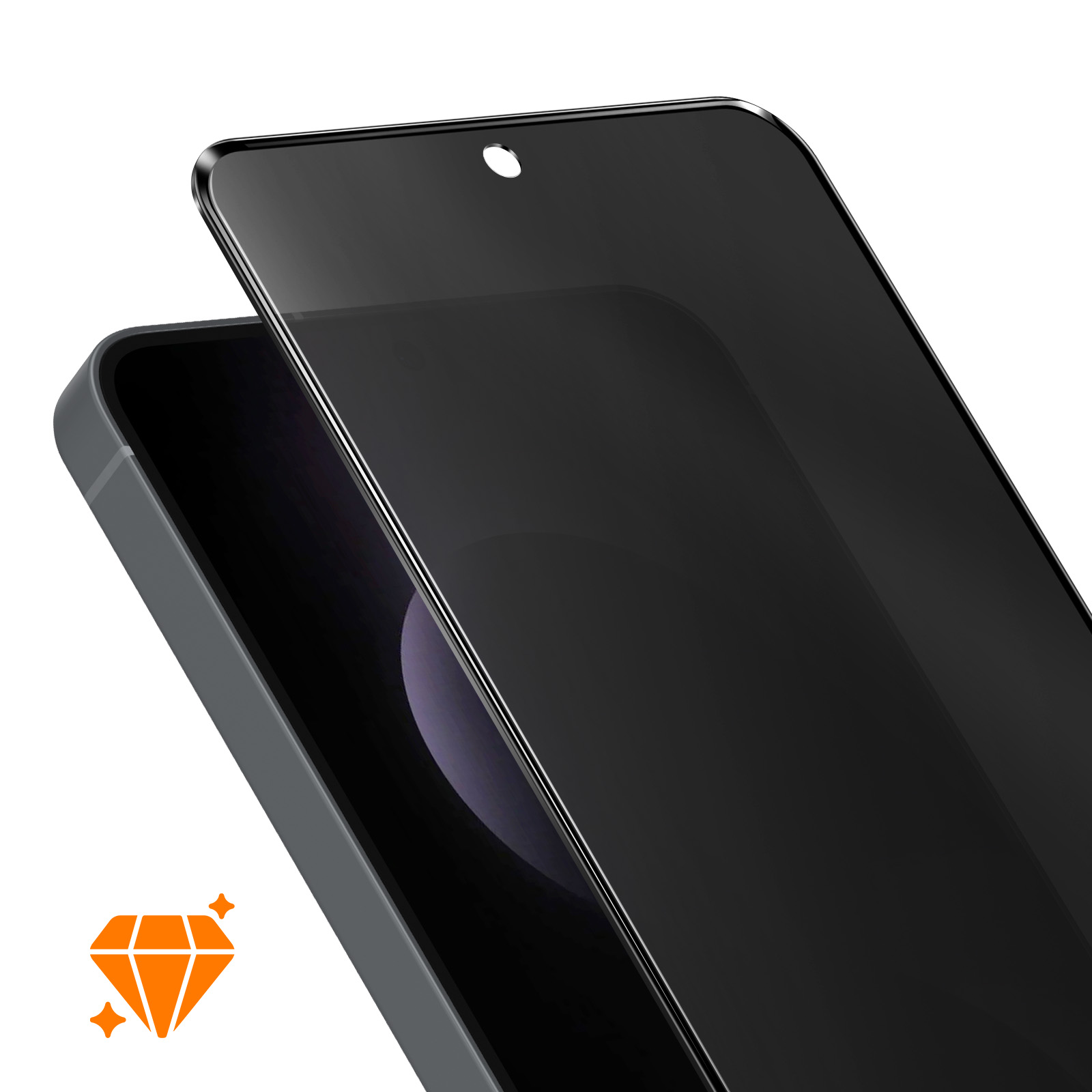 Un primo piano di un telefono con una protezione schermo nera. Il telefono è grigio e un logo a diamante è nell'angolo.