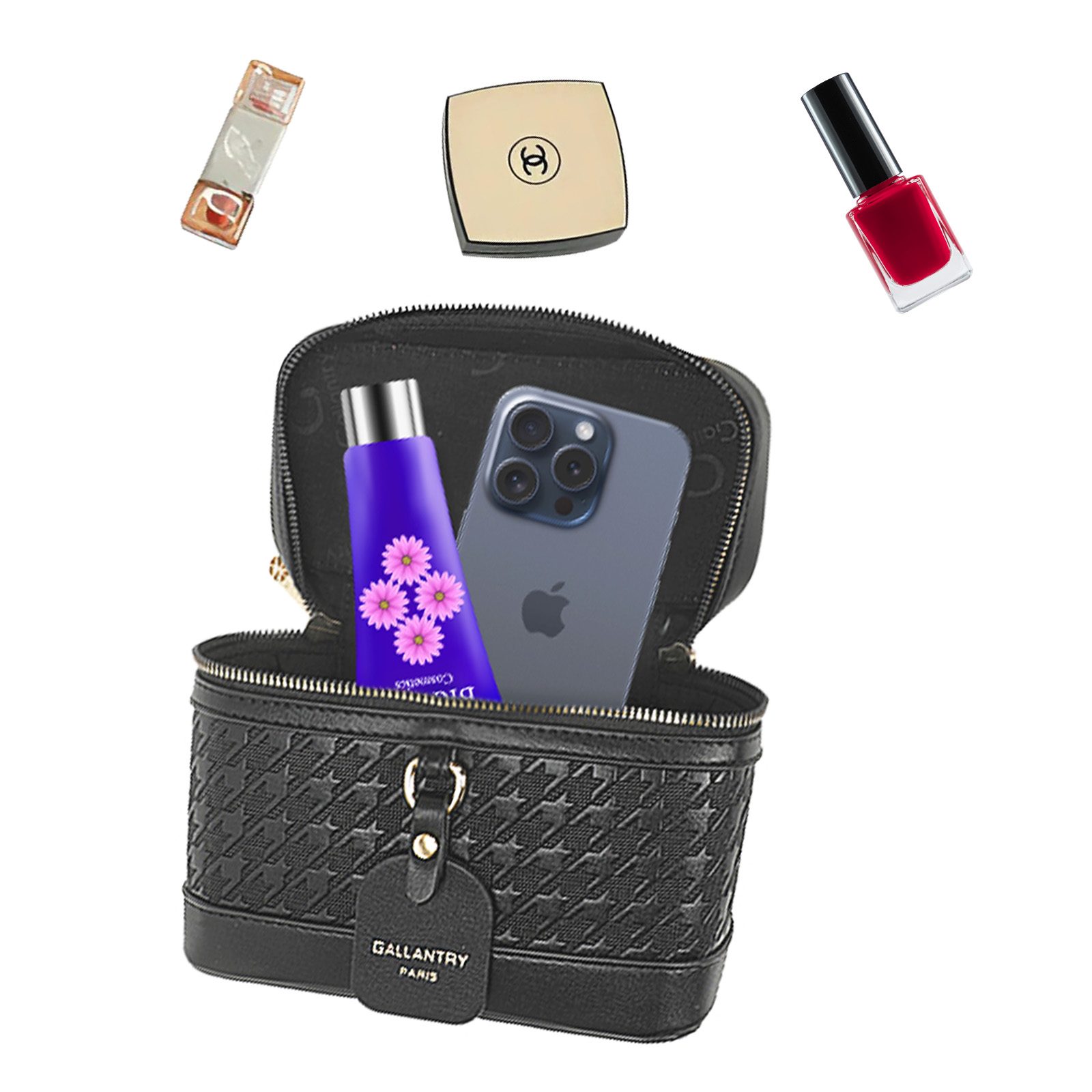 Bolsa de maquillaje negra con cosméticos. Incluye perfume, polvera, esmalte de uñas rojo, teléfono y un tubo de crema púrpura.
