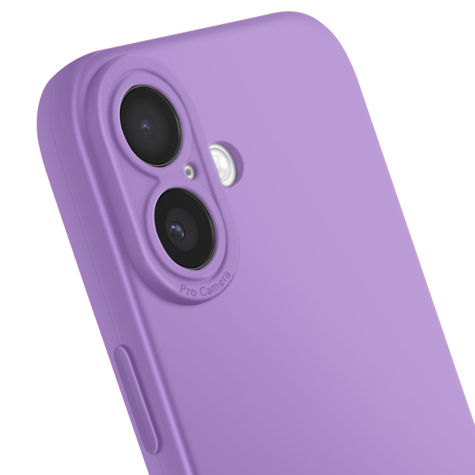 Close-up van een paarse telefoonhoes met cameralenzen en de tekst "Pro Camera".