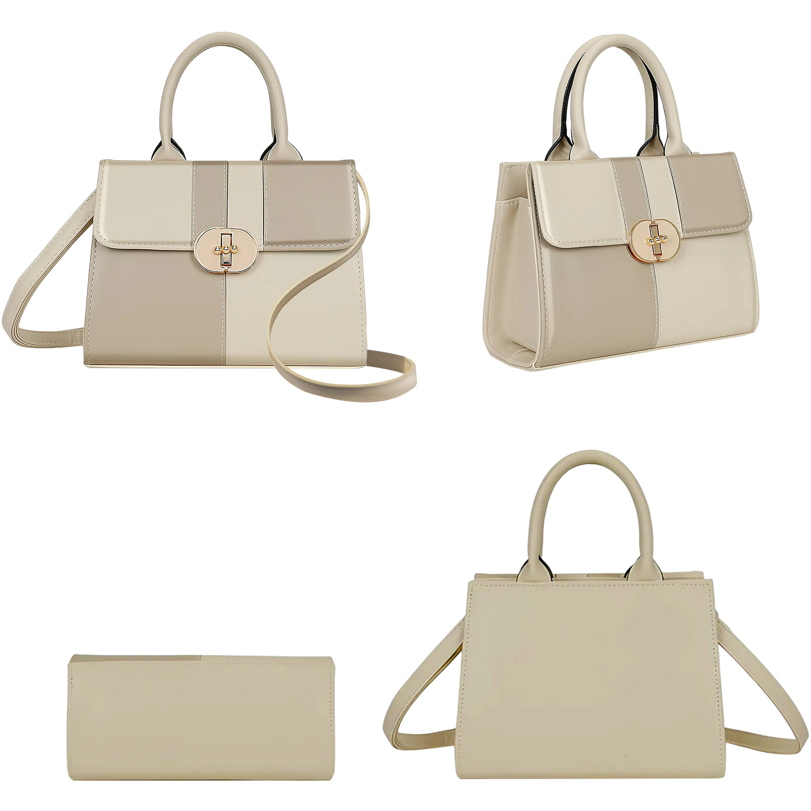 Un bolso beige y crema con asa superior y bandolera. Tiene un cierre dorado y forma rectangular.