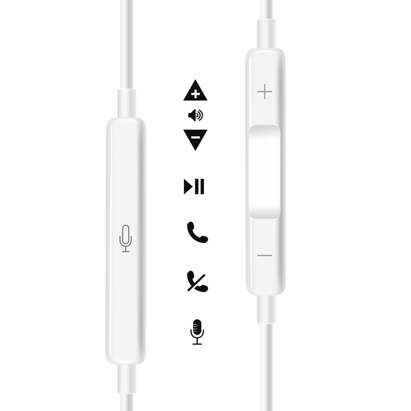 Auriculares blancos con controles en línea. Los iconos incluyen subir/bajar volumen, reproducir/pausar y un micrófono.
