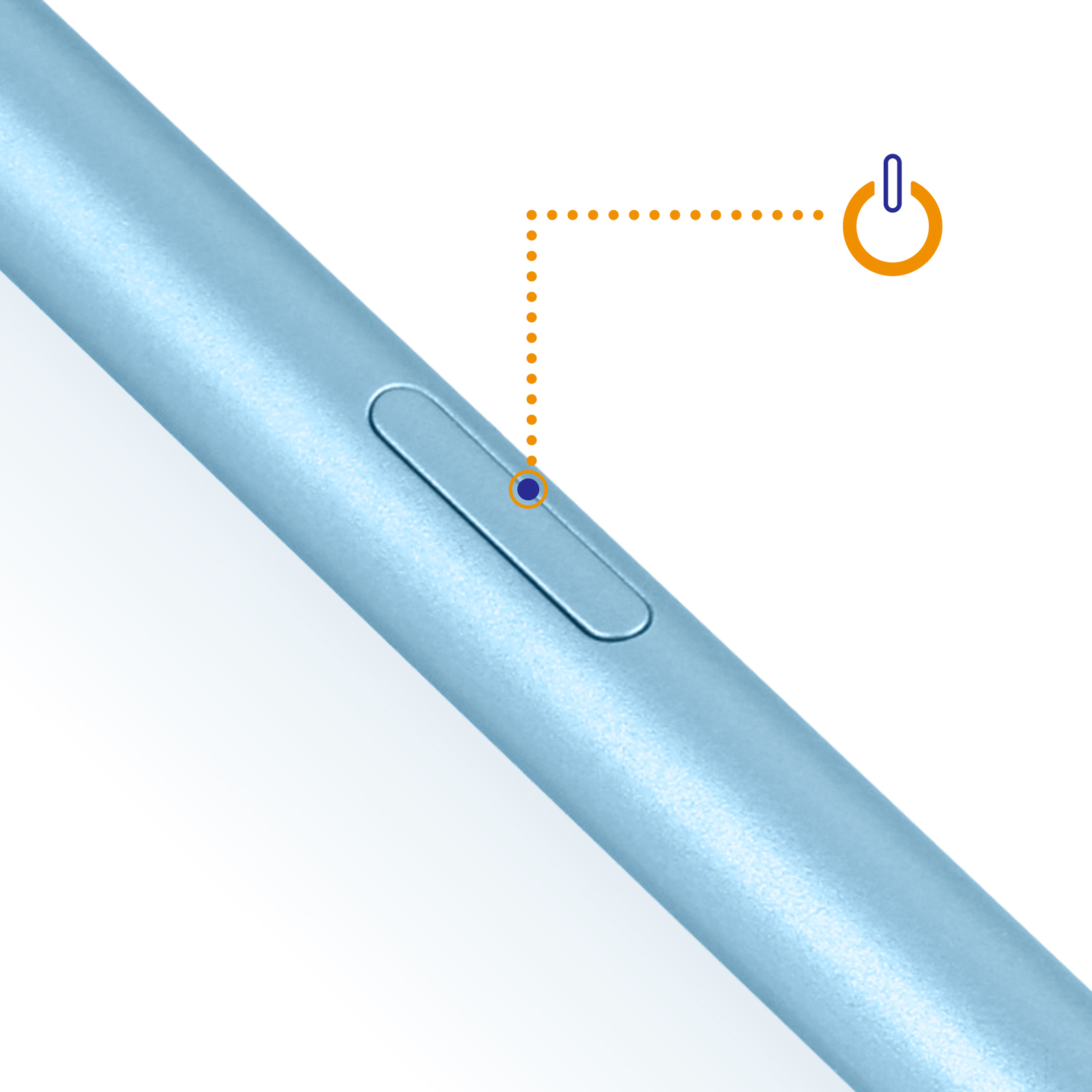 Dispositivo azzurro con icona pulsante di accensione. Una linea tratteggiata arancione collega il pulsante a un piccolo pulsante blu.